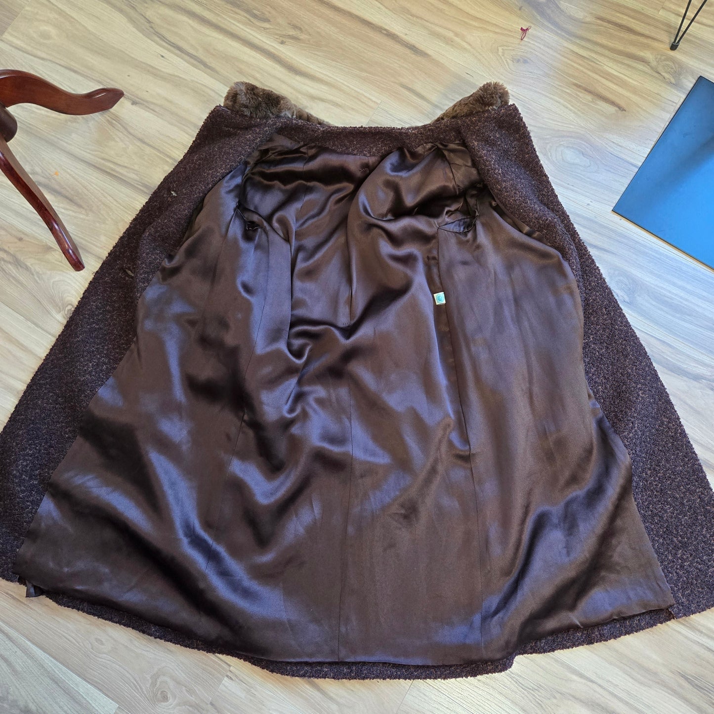 Vintage 1950s Union Made Curly Wool Peacoat with Brown Fur Collar - Large