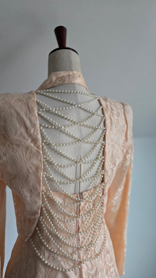 New Leaf Vintage 80s Peach Lace Dress and Pearl Bolero - Small
