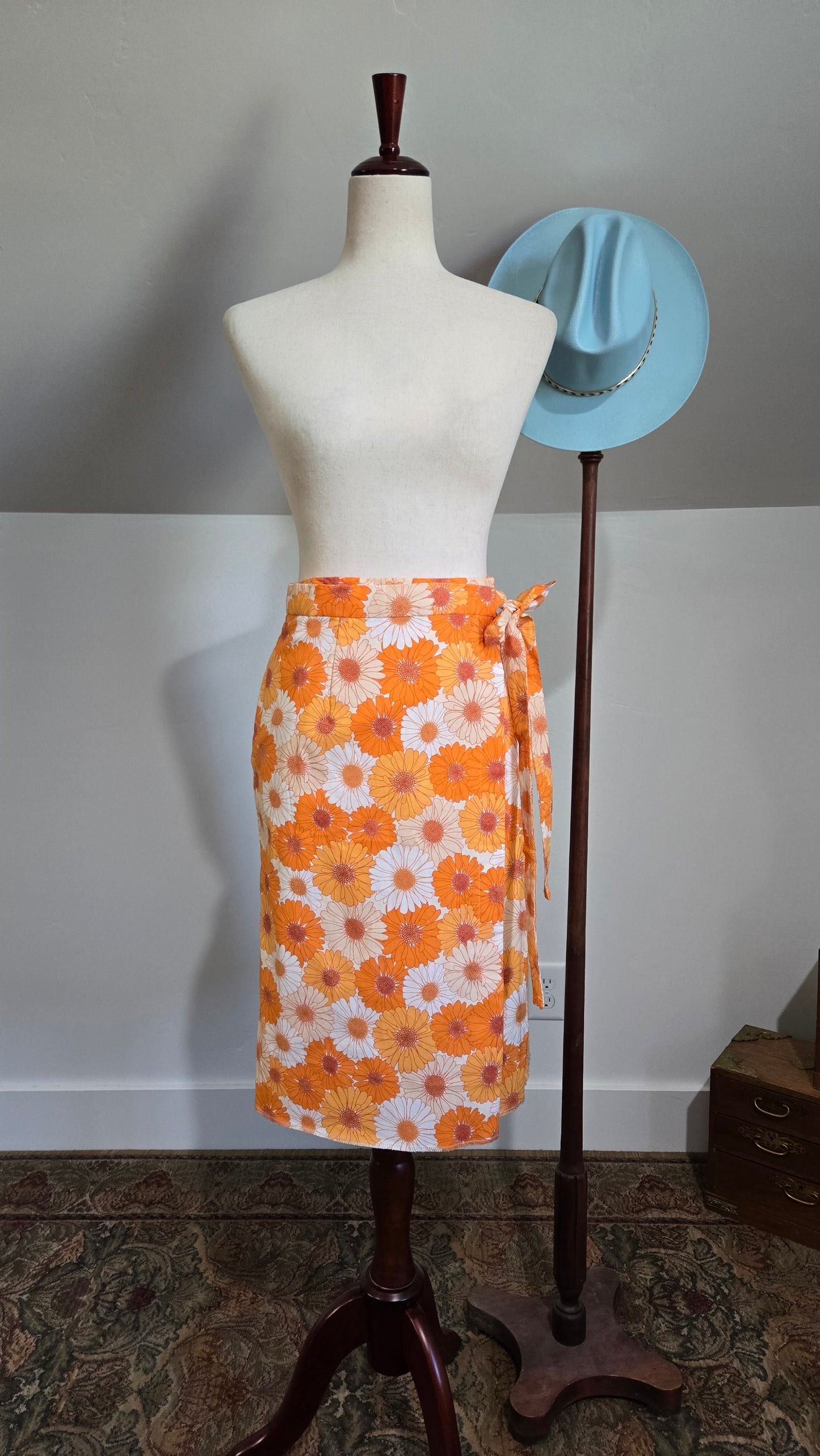 Vintage Orange Cotton Flower Power Wrap Skirt - S/M