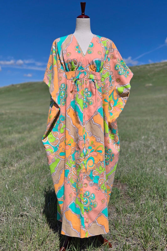 Neon and Pastel Psychedelic Print 1960s Kaftan - OS
