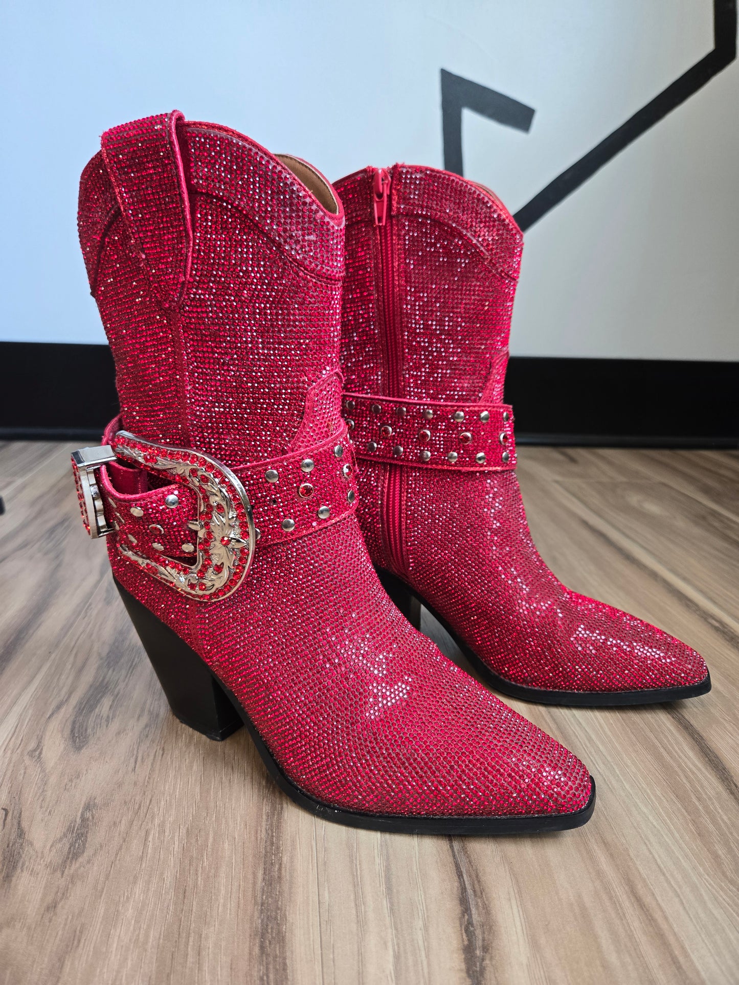 Dorothy Does Western! Antonia Rhinestone Western Ankle Boot in Red - Size 8.5