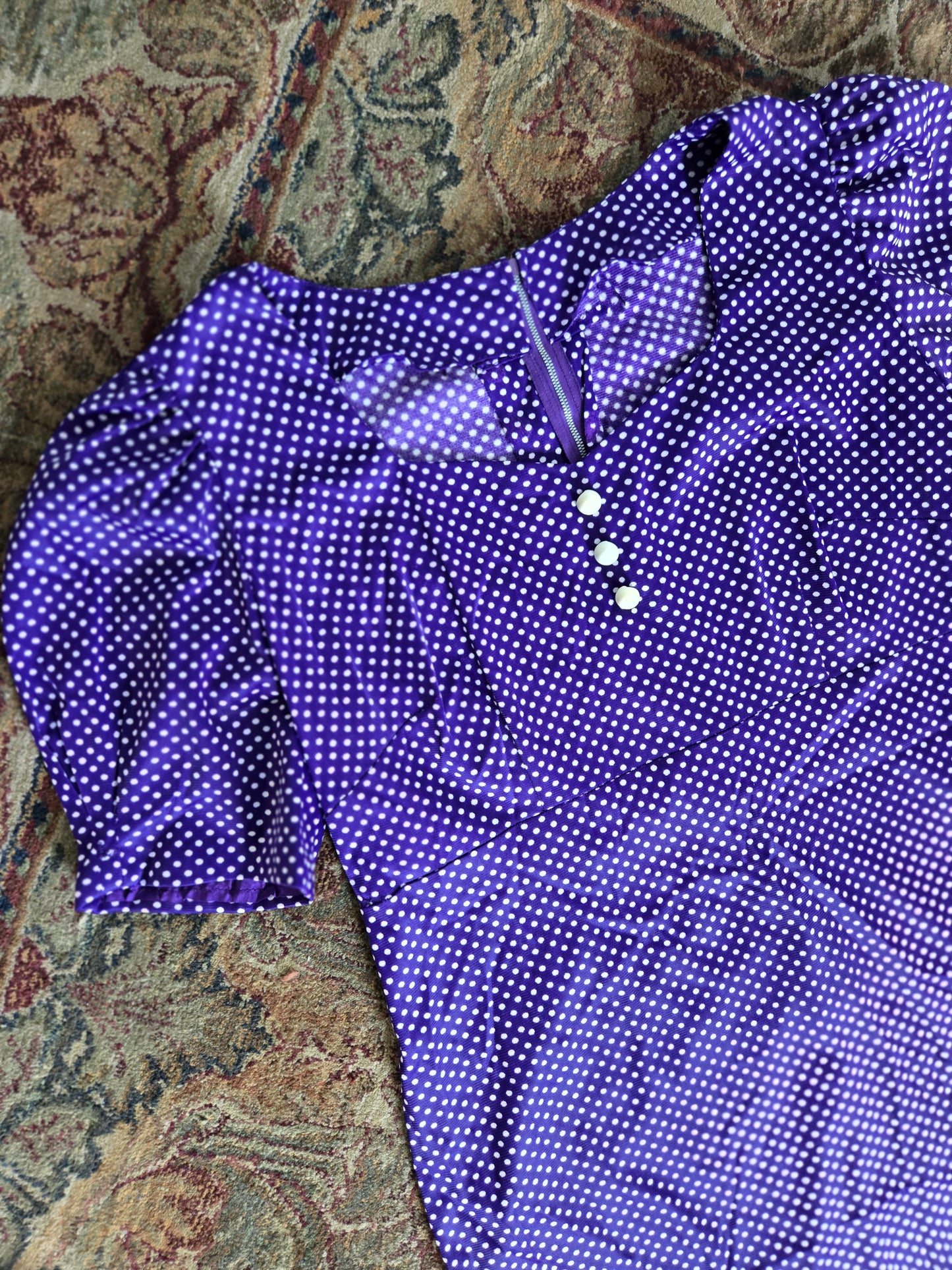 Vintage 60s Nylon Purple Polka Dot Sweetheart Dress - large