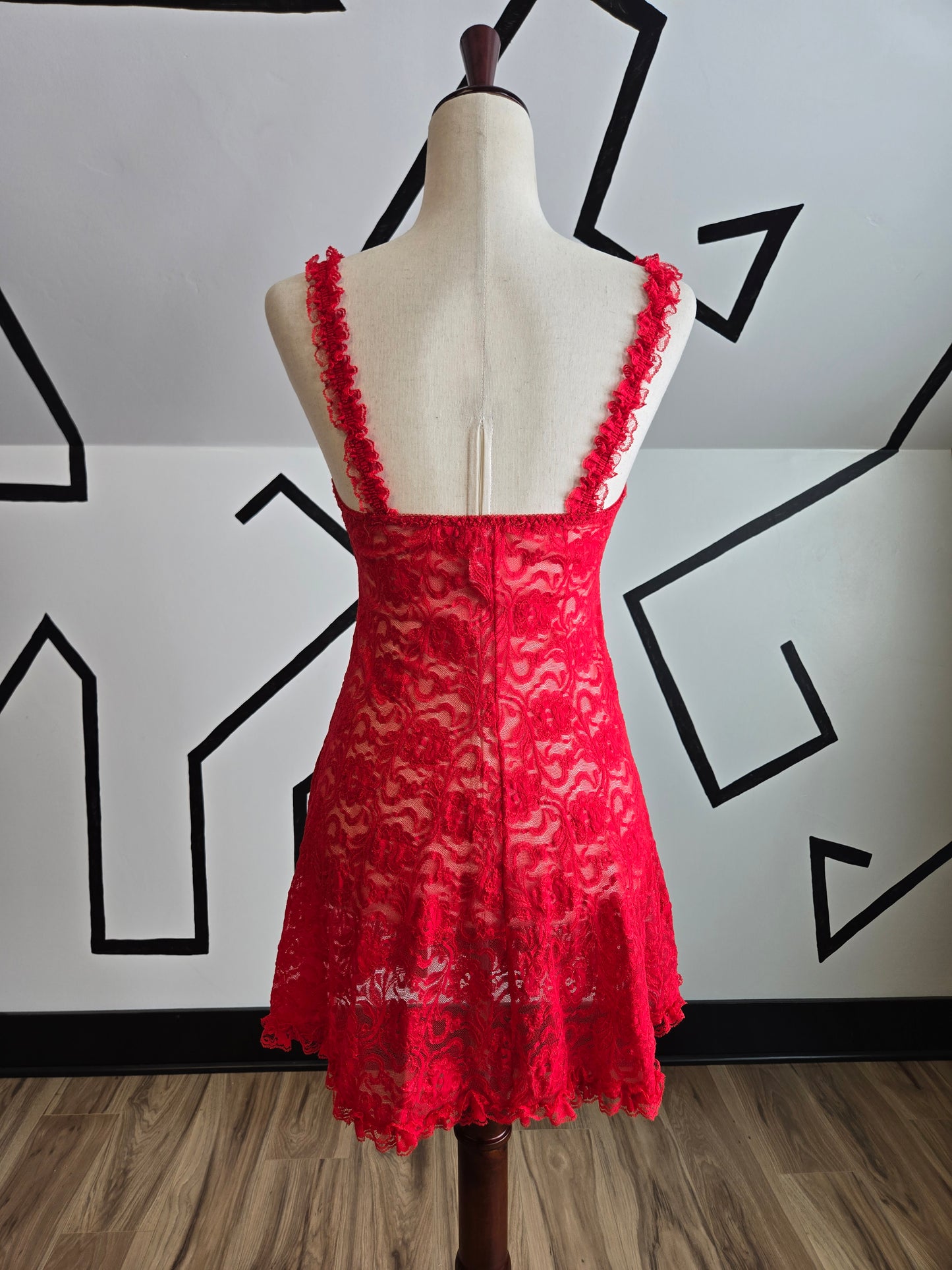 Inner Most Vintage Red Lace Shear Dress with Boning in Bust - medium
