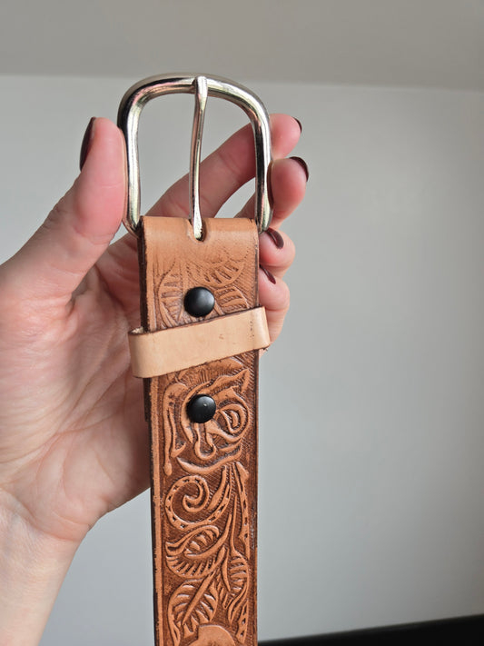 Made in Mexico Tooled Leather Belt in Western Florals - W30-35"