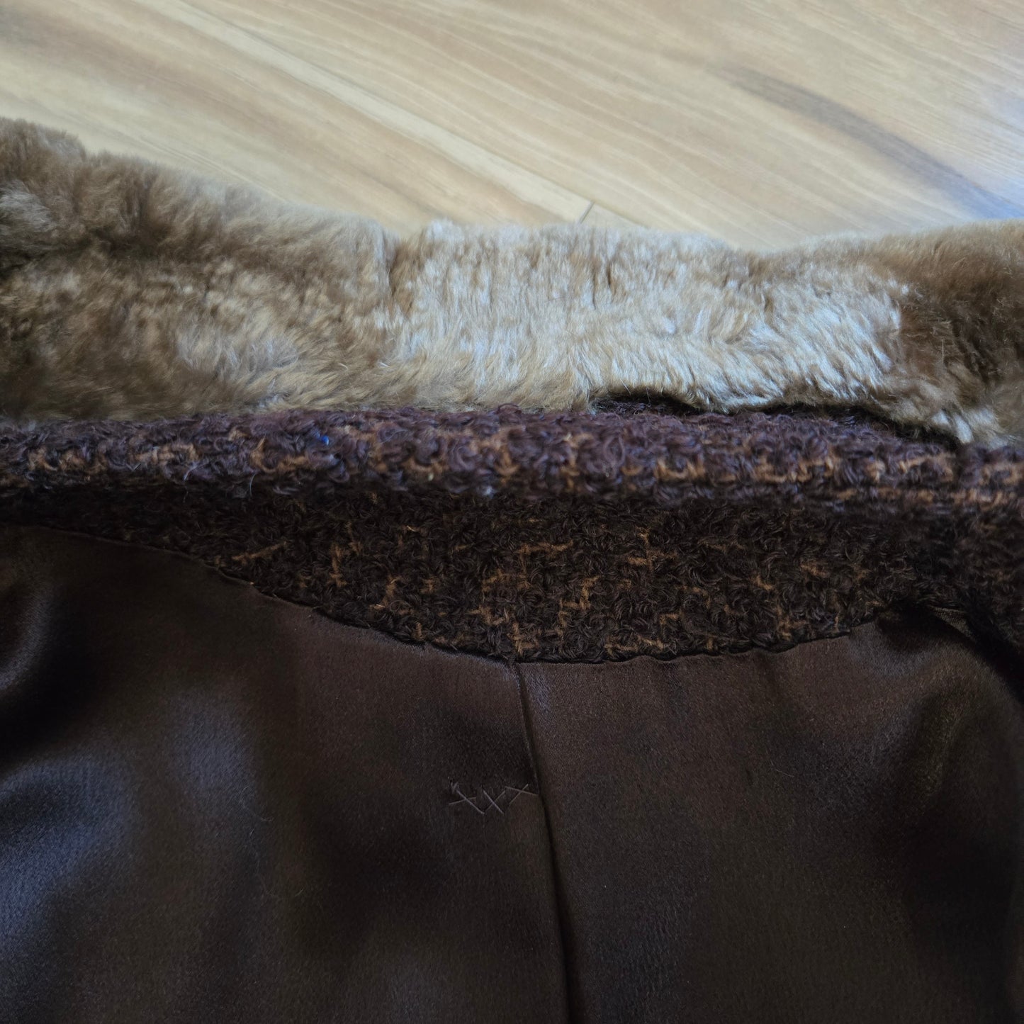 Vintage 1950s Union Made Curly Wool Peacoat with Brown Fur Collar - Large