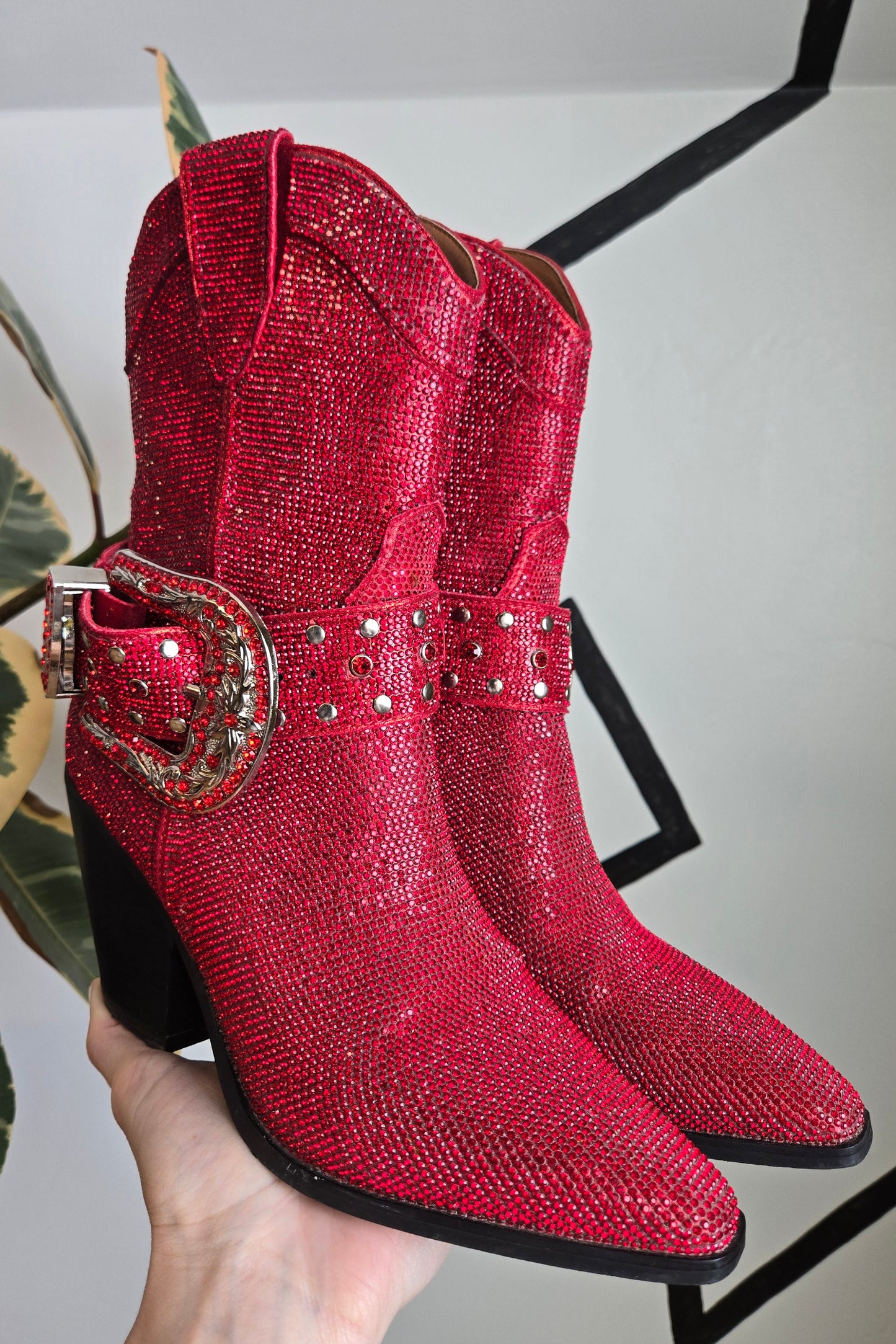 Dorothy Does Western! Antonia Rhinestone Western Ankle Boot in Red - Size 8.5