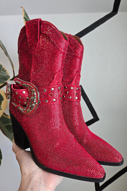Dorothy Does Western! Antonia Rhinestone Western Ankle Boot in Red - Size 8.5