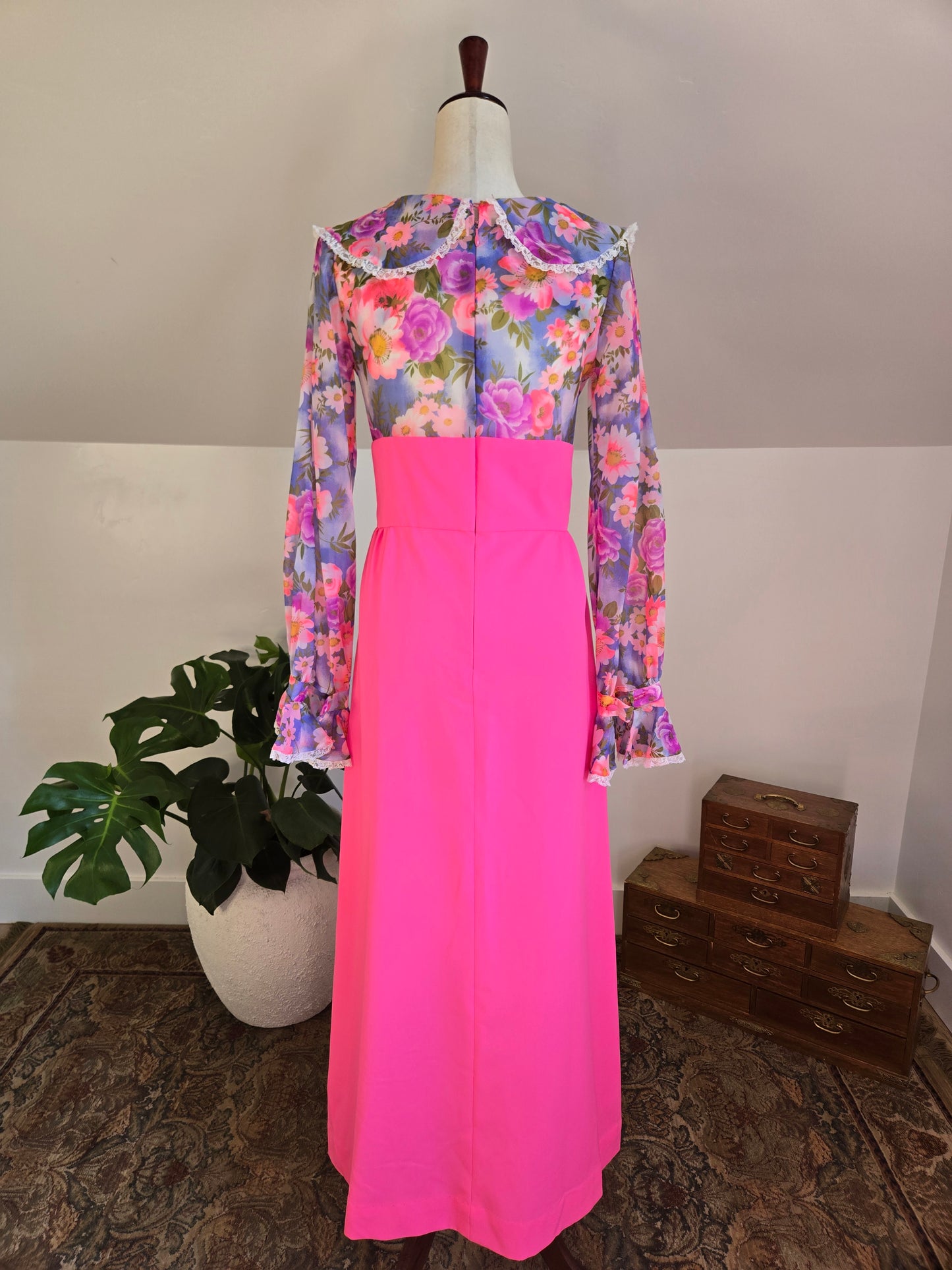 Vintage 1970s Hot Pink Flower Power Maxi Dress - medium