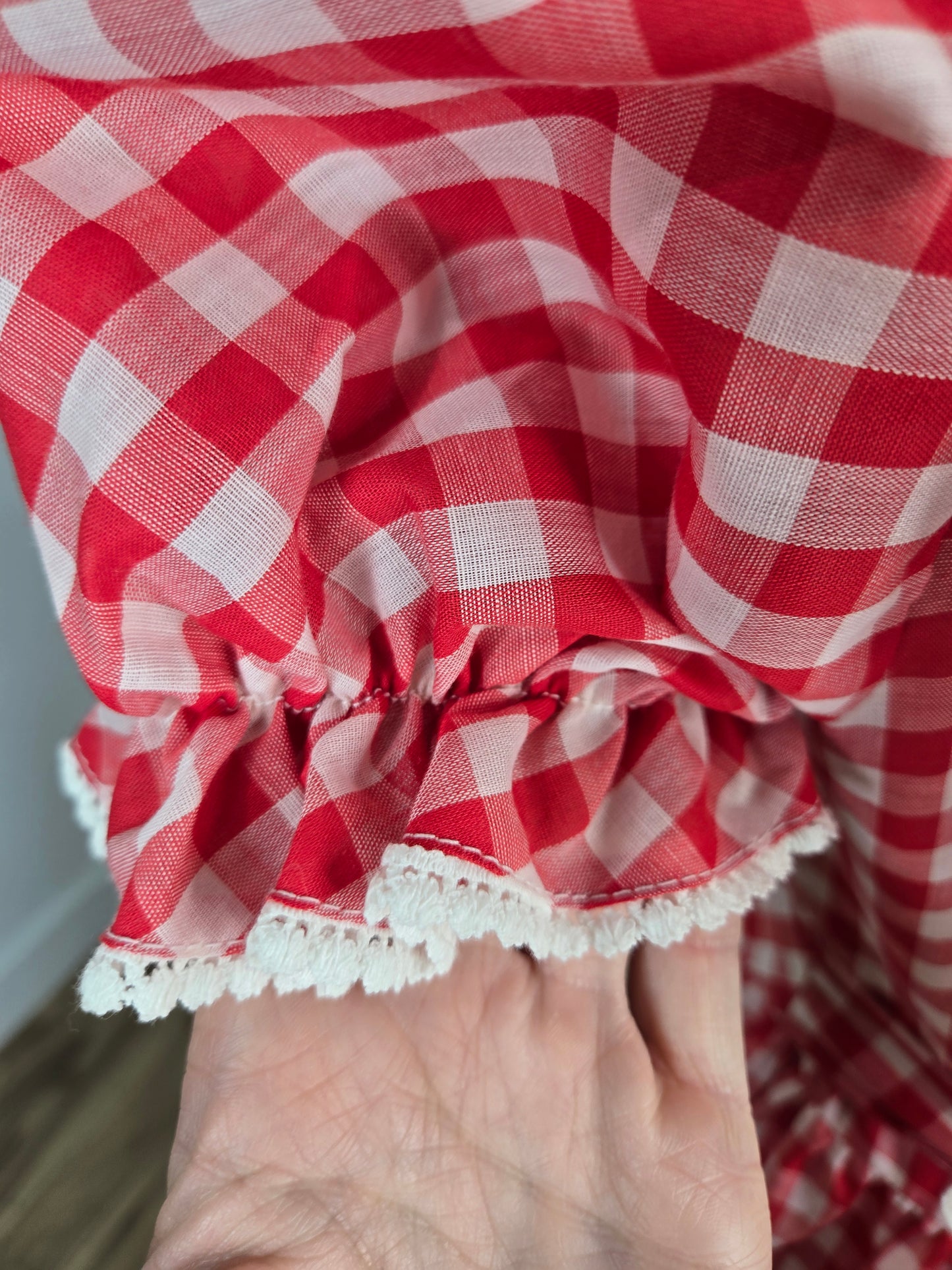 Vintage 60s Prairecore Red Gingham Dress with Eyelet Lace - small/medium