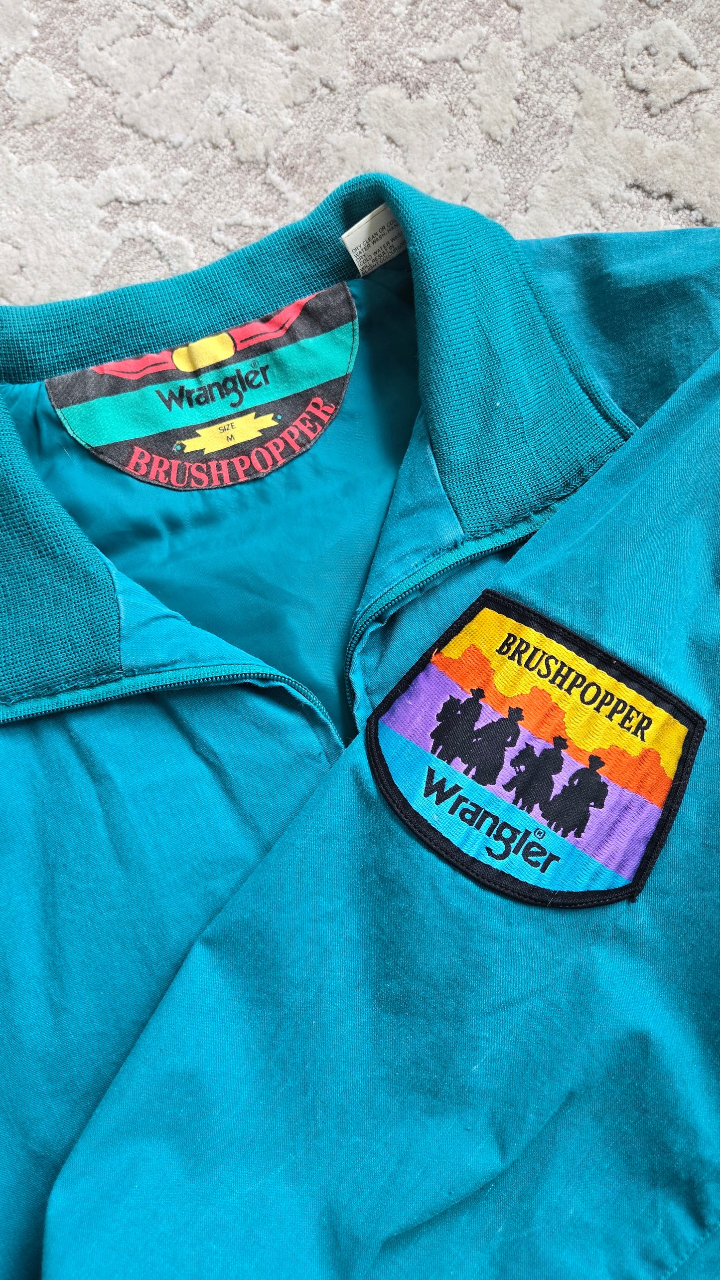 Rare Vintage Wrangler Brushpopper Turquoise Blue Bomber Jacket - M/L/XL