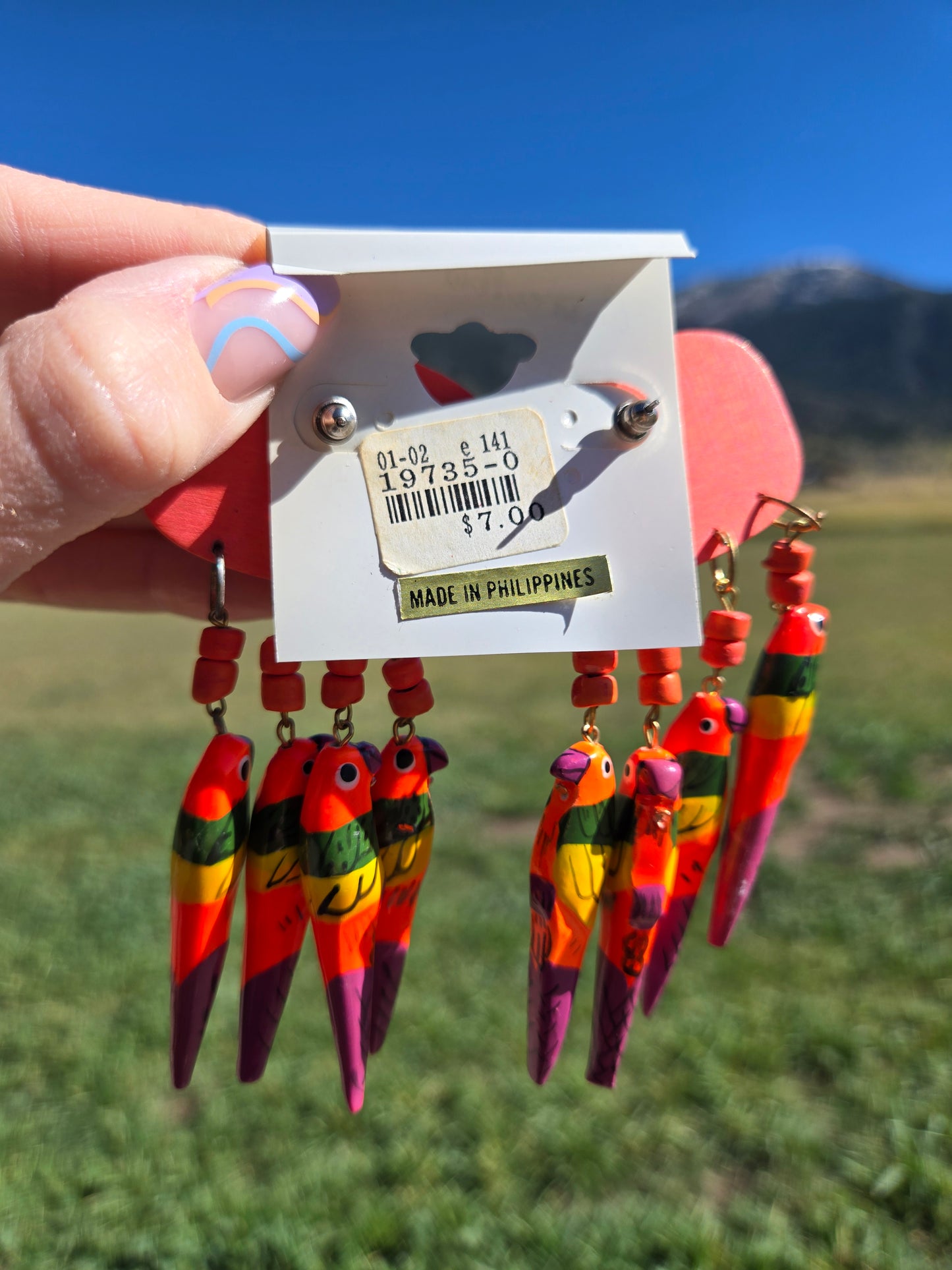 Deadstock Wood Dangling Neon Hand Painted Parrot Earrings