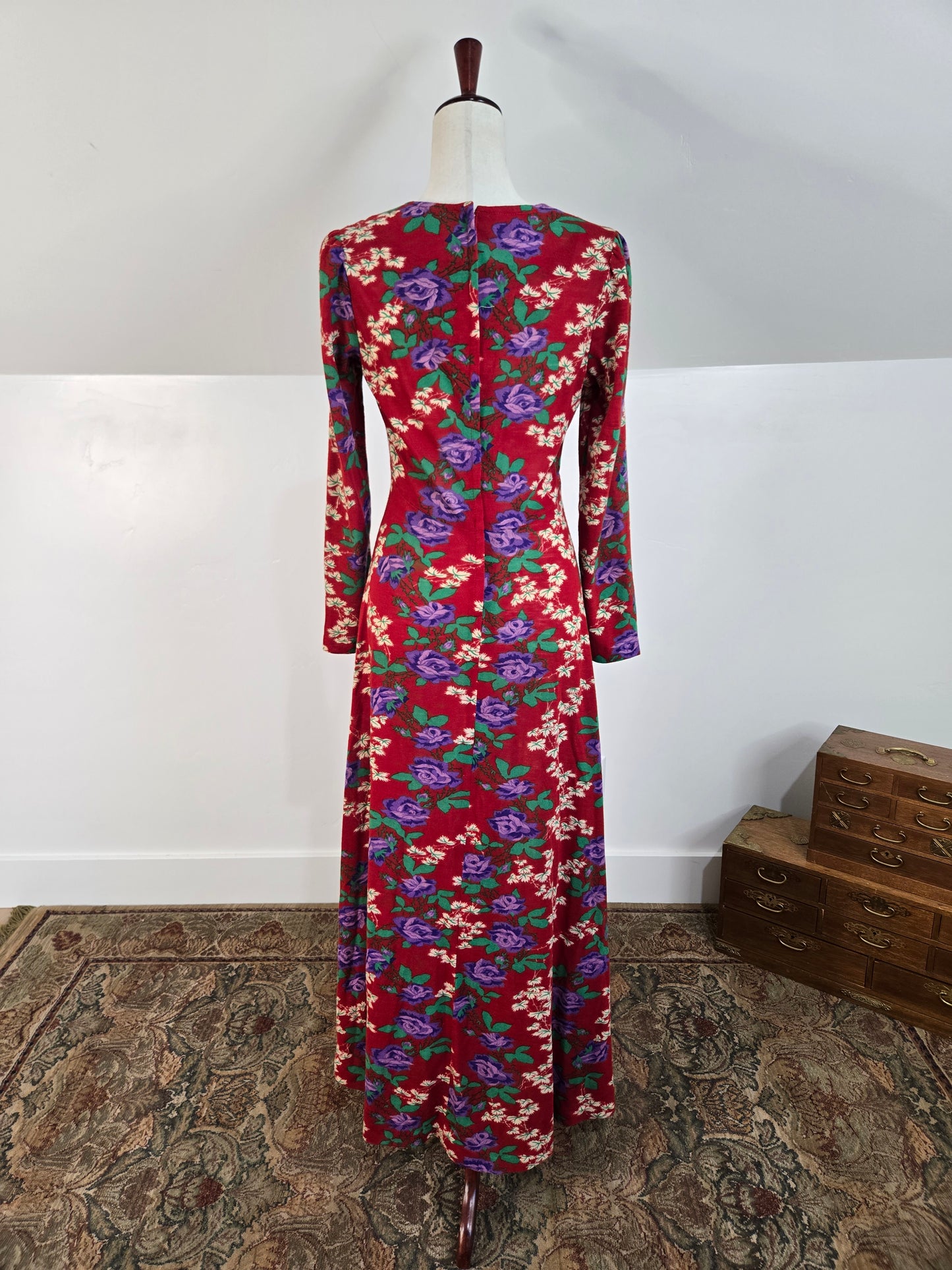 Vintage 70s Red Floral Psychedelic Print Maxi Dress - Small