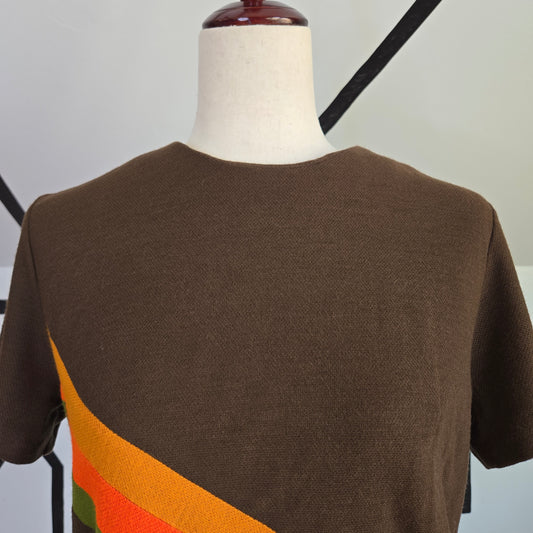 Brown Retro Stripe Vintage 1950s Dress - large