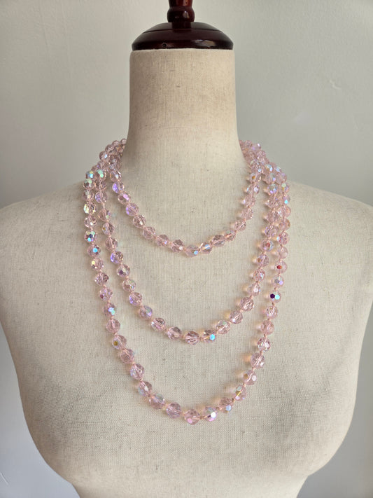 Hand Knotted Pink Glass AB Crystal Long Necklace