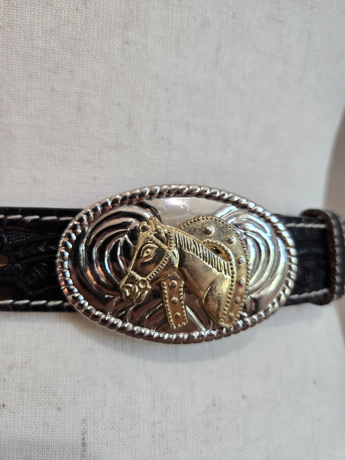 Tooled Leather Western Belt with Two Tone Horse Buckle - W29-33"