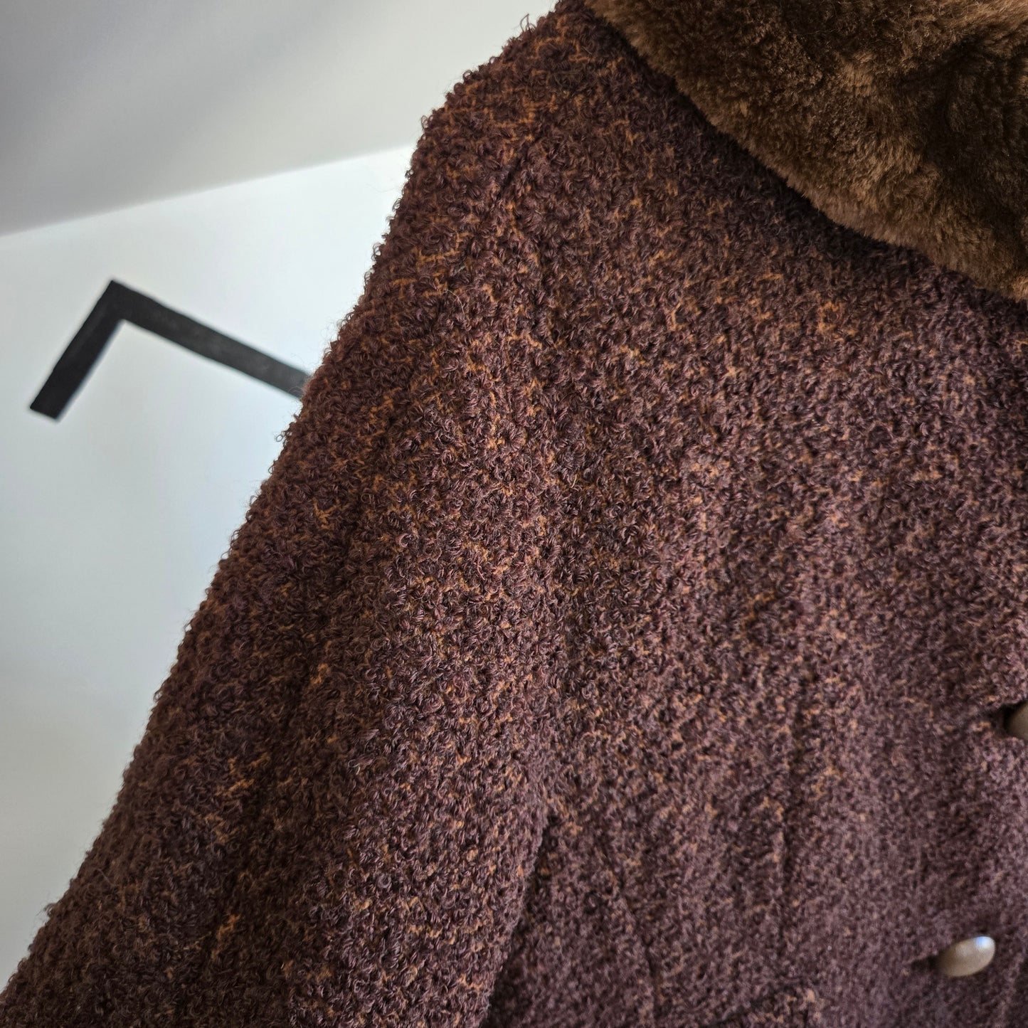 Vintage 1950s Union Made Curly Wool Peacoat with Brown Fur Collar - Large