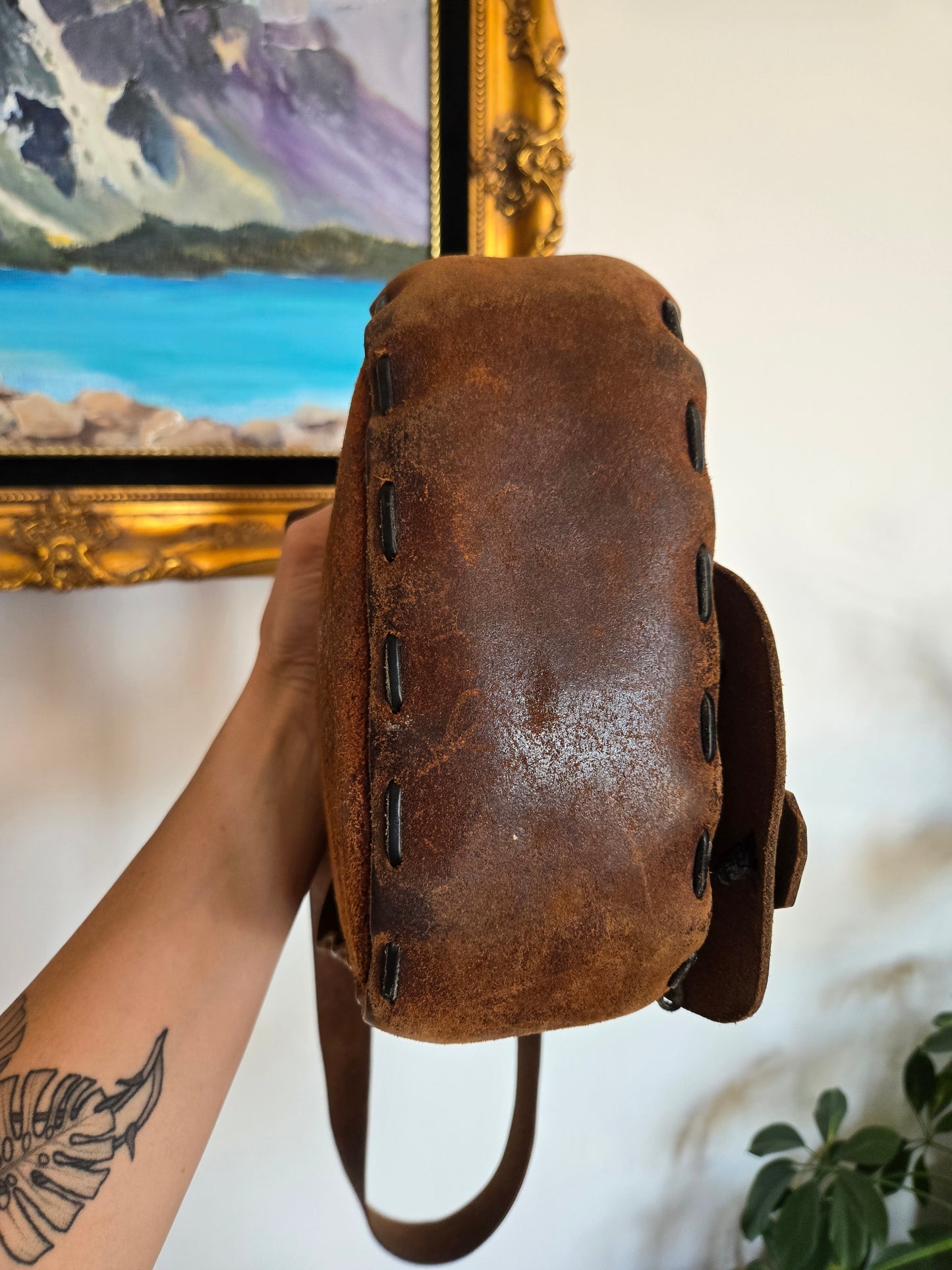 Vintage Hand Made Thick Suede Saddle Leather Bag