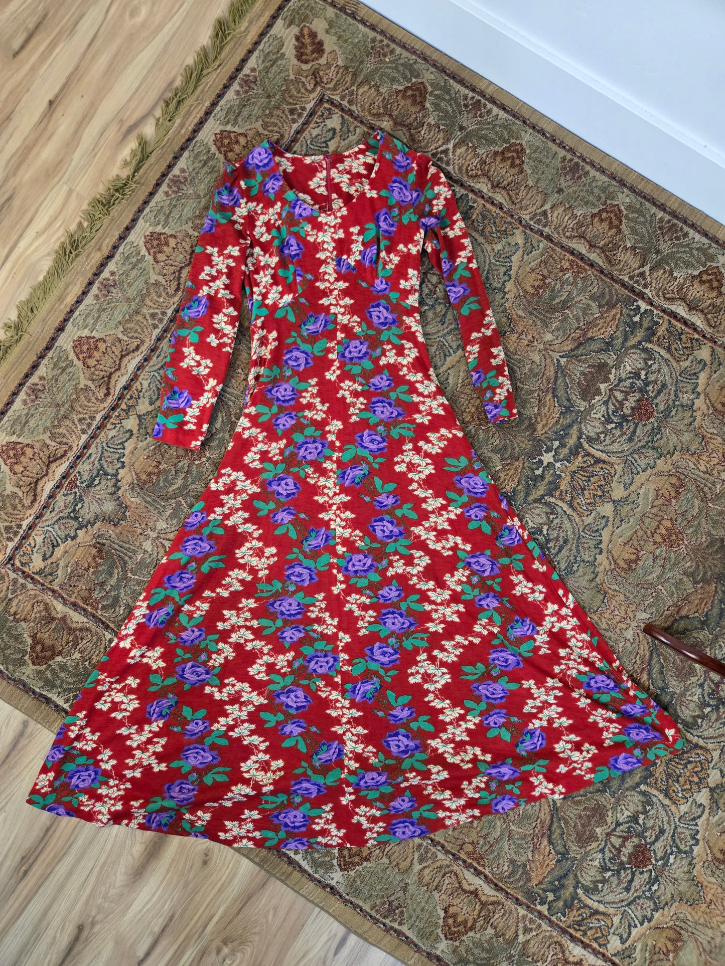 Vintage 70s Red Floral Psychedelic Print Maxi Dress - Small