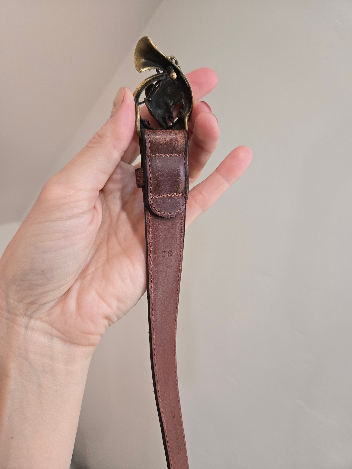 Vintage Polo Ralph Lauren Leather Belt with Fox and Horn Brass Buckle - W26-30"