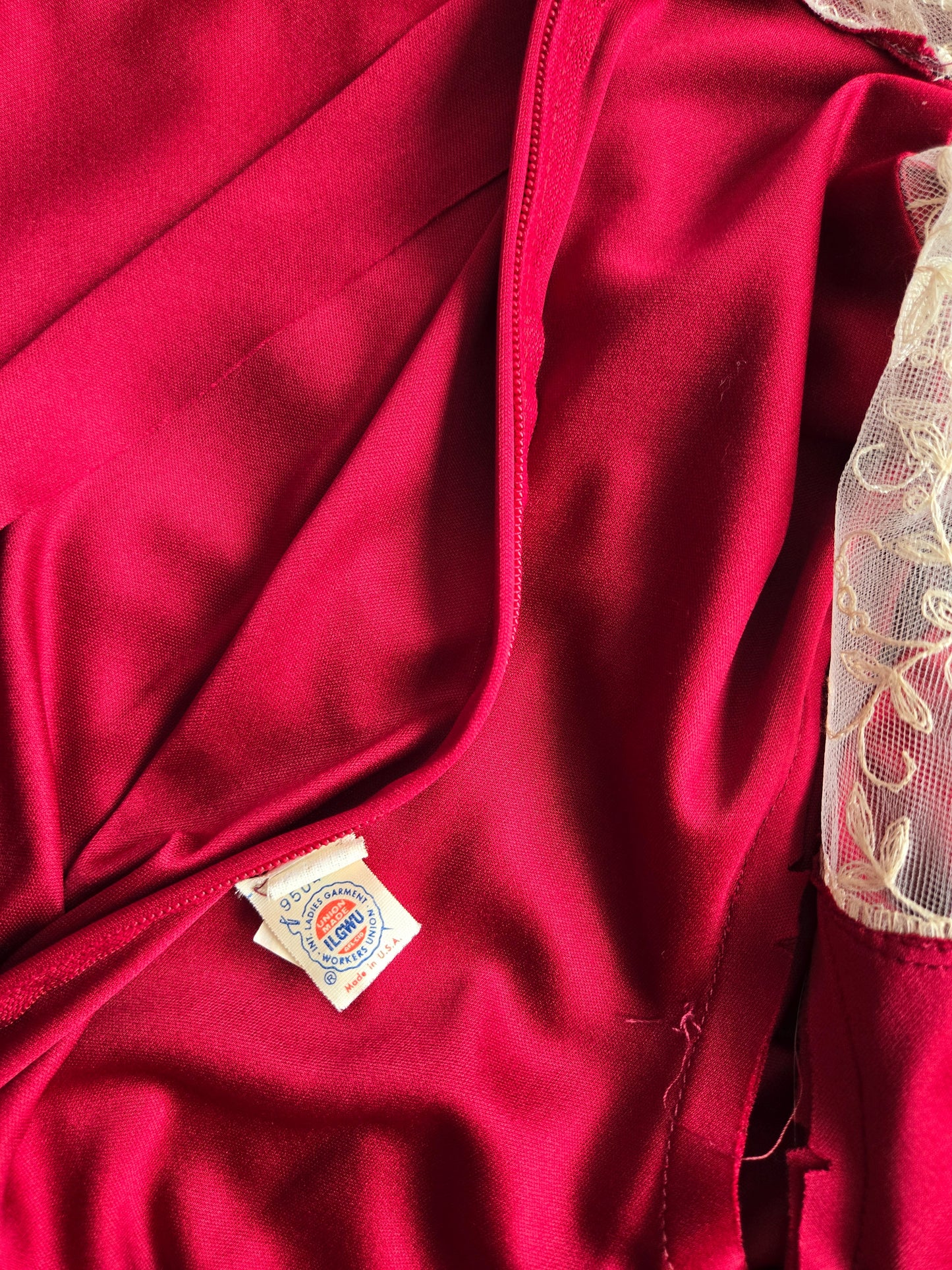 Vintage 1970s Red Slinky Maxi Dress with Shear Lace - Medium