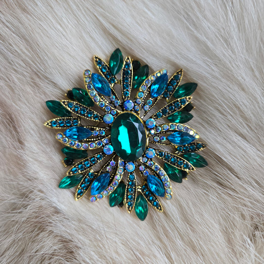 Vintage Large Green and Blue Rhinestone Brooch