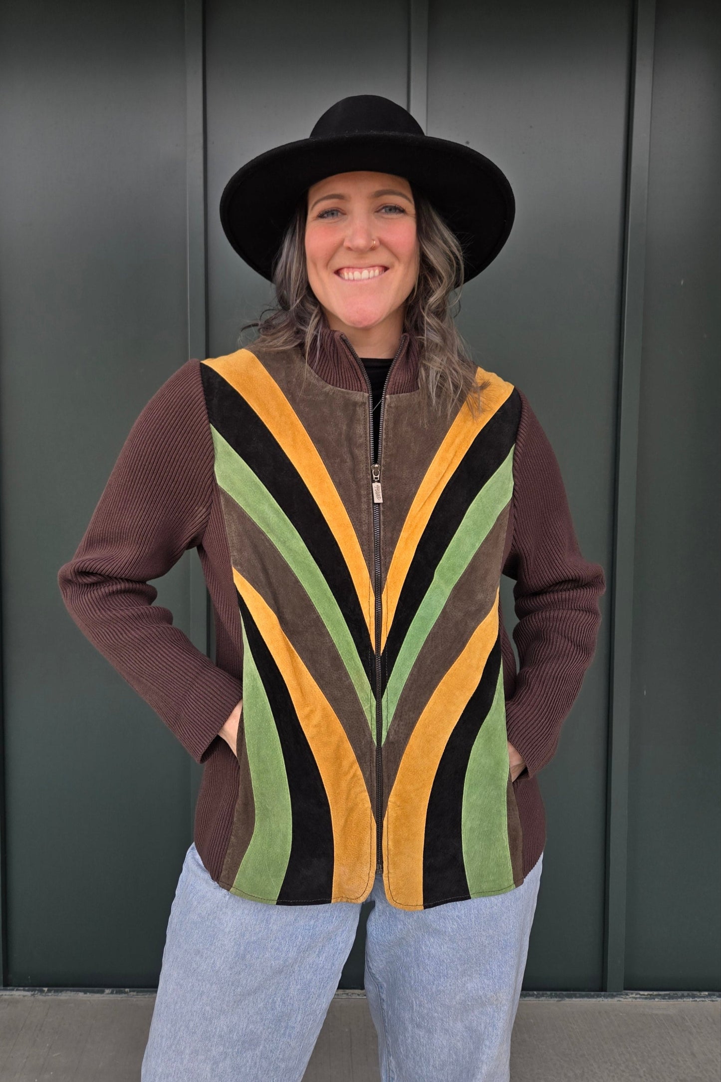 Bob Mackie Vintage Retro Patchwork Brown Leather Jacket - large