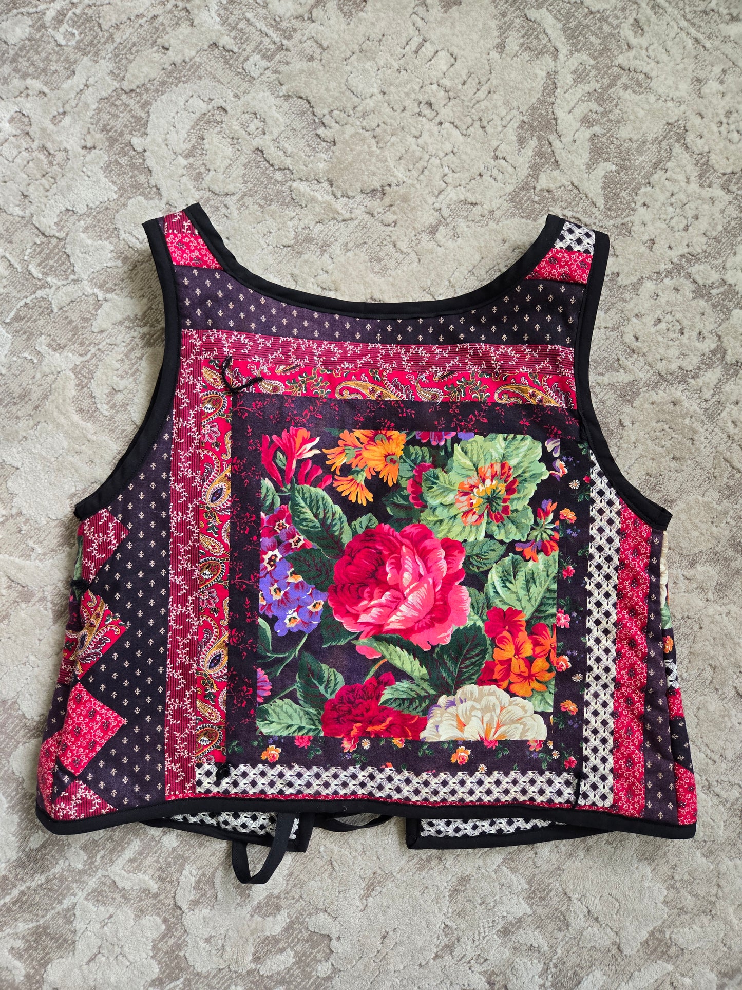 Hand Made Quilted Floral Tie Front Vest - M-XL