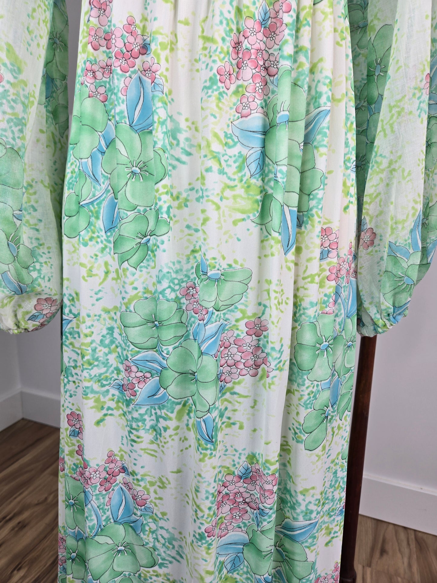 Vintage Mint Green Floral Gypsy Sleeve Dress - Small