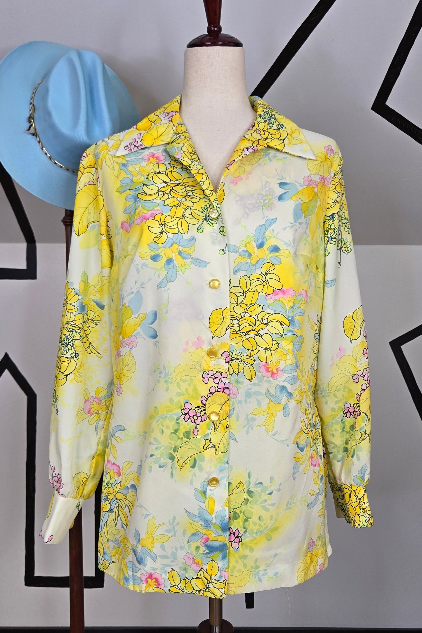 Pykettes Vintage 1970s Neon Yellow Floral Top - medium/large