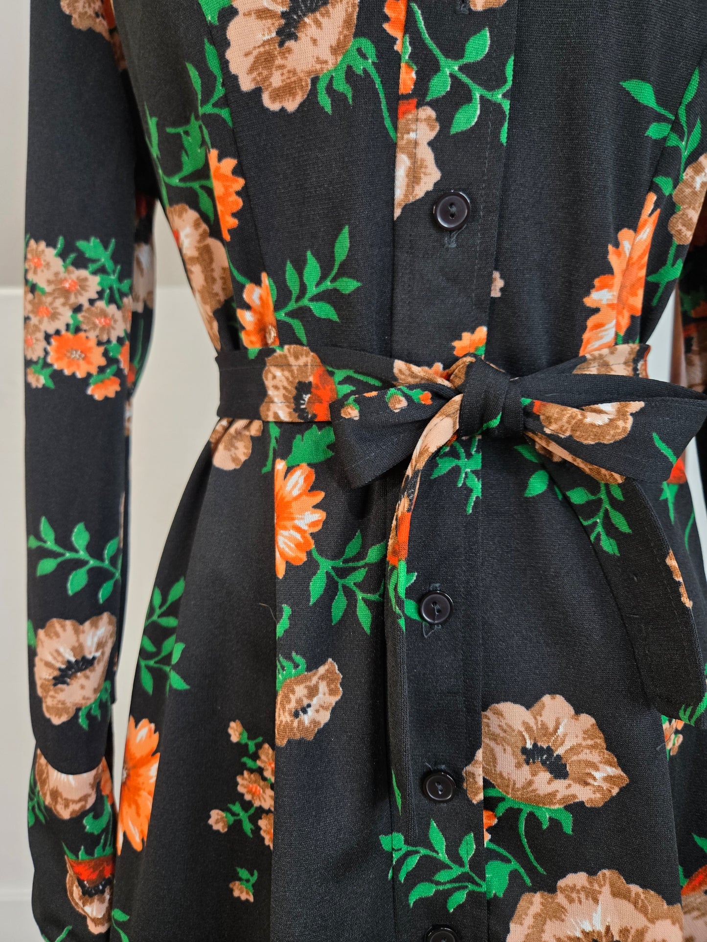 Vintage 70s Black Floral Union Made Mini Dress - medium