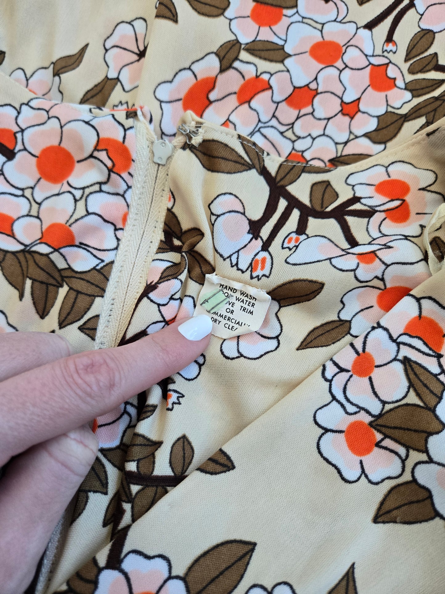 Vintage 70s Tan Floral Print Maxi Dress - medium