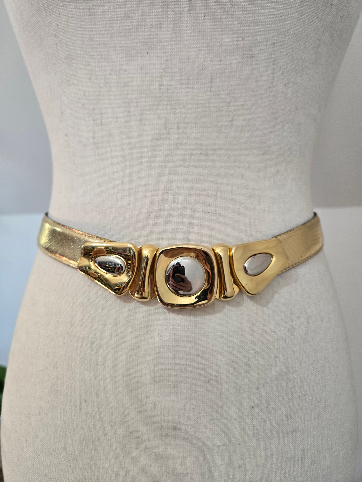 Sunco Vintage Gold Snakeskin Belt with Mixed Metal Decoration - W27-29"