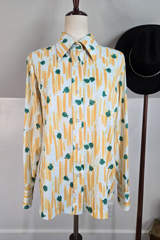 Sears Vintage 70s Nylon Floral Print Shirt - large