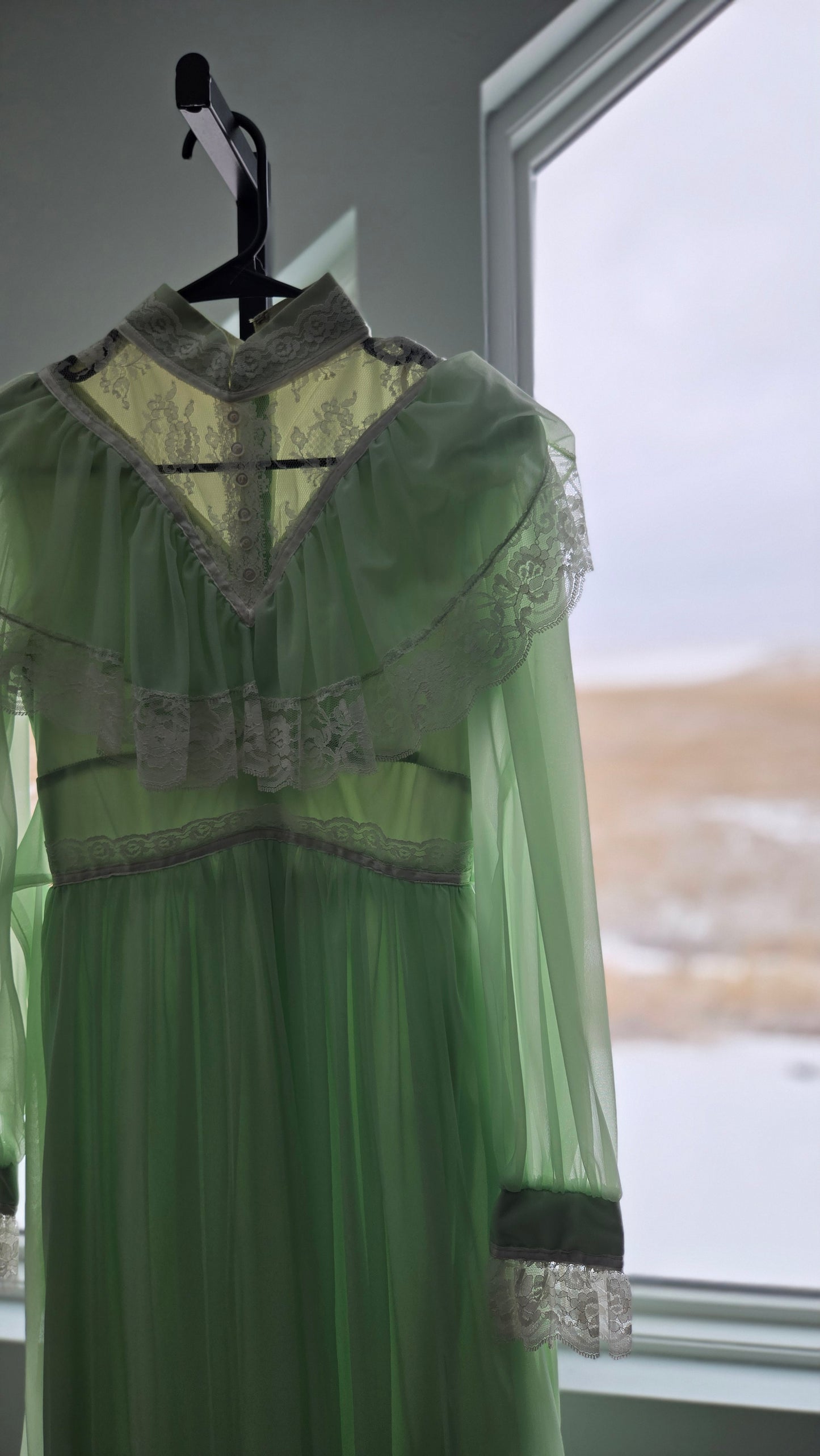 Vintage 1970s Union Made Lime Green Coquette Formal Dress - Small