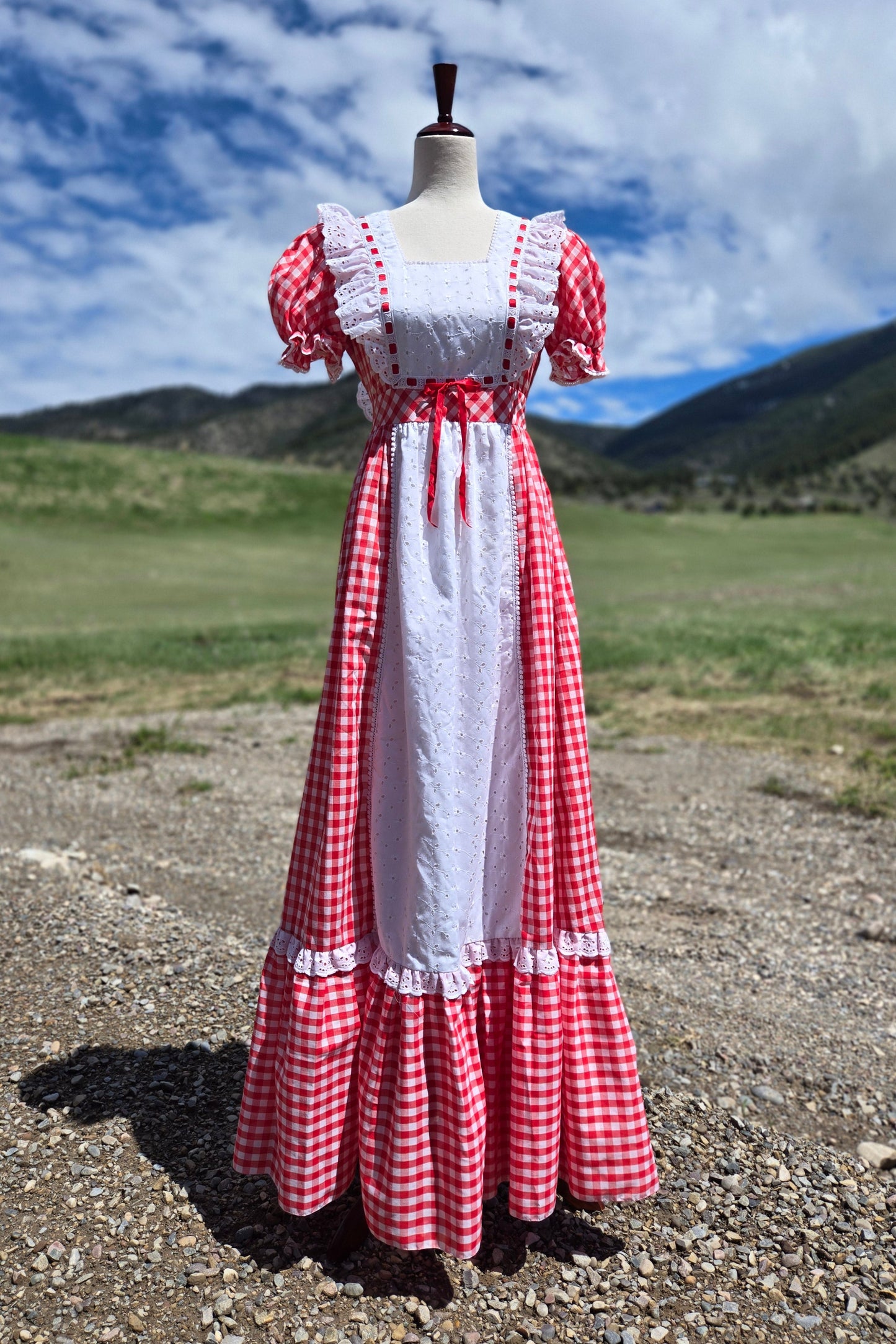 Vintage 60s Prairecore Red Gingham Dress with Eyelet Lace - small/medium