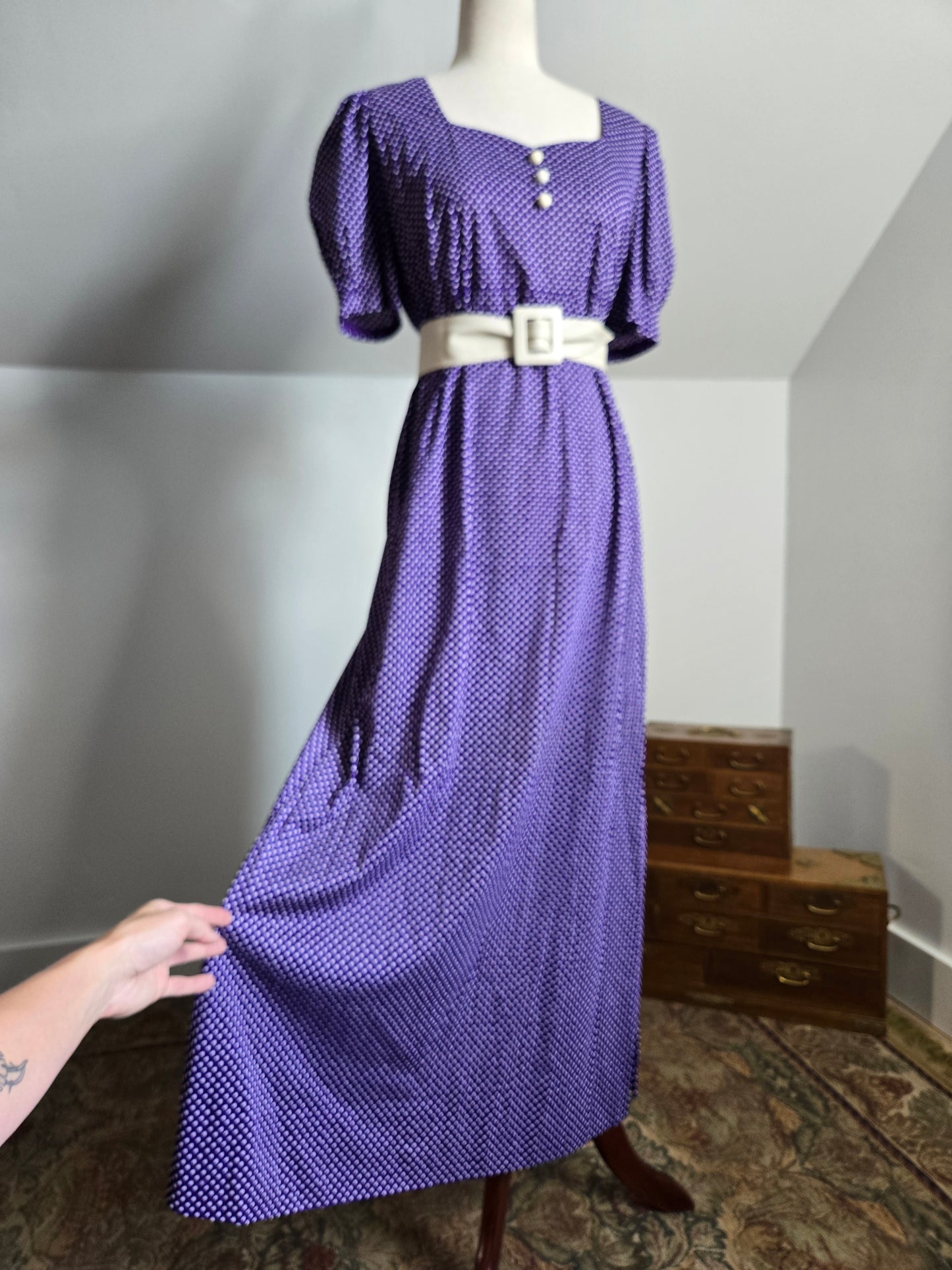 Vintage 60s Nylon Purple Polka Dot Sweetheart Dress - large