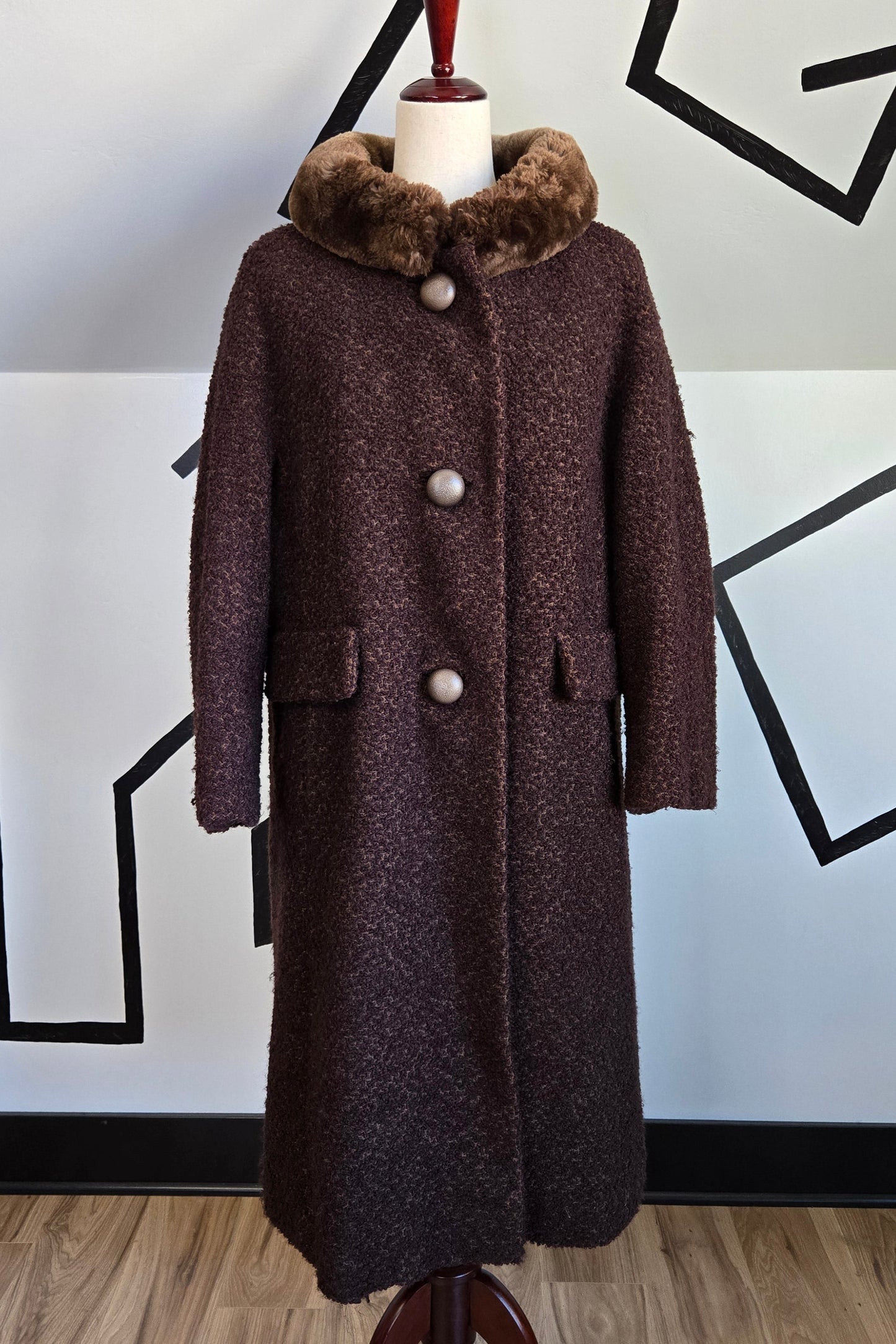 Vintage 1950s Union Made Curly Wool Peacoat with Brown Fur Collar - Large