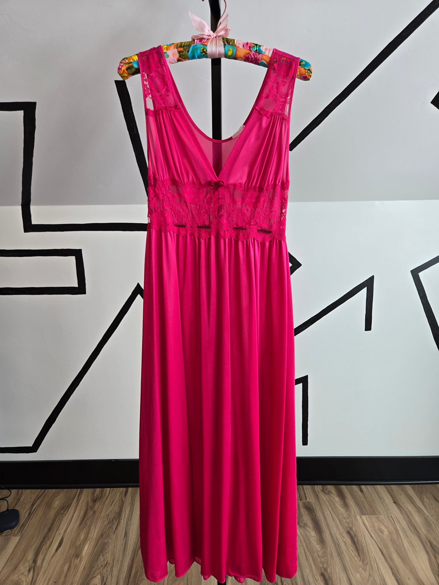 Vintage Fuchsia Pink Peignoir Maxi Dress with Lace Middle - small