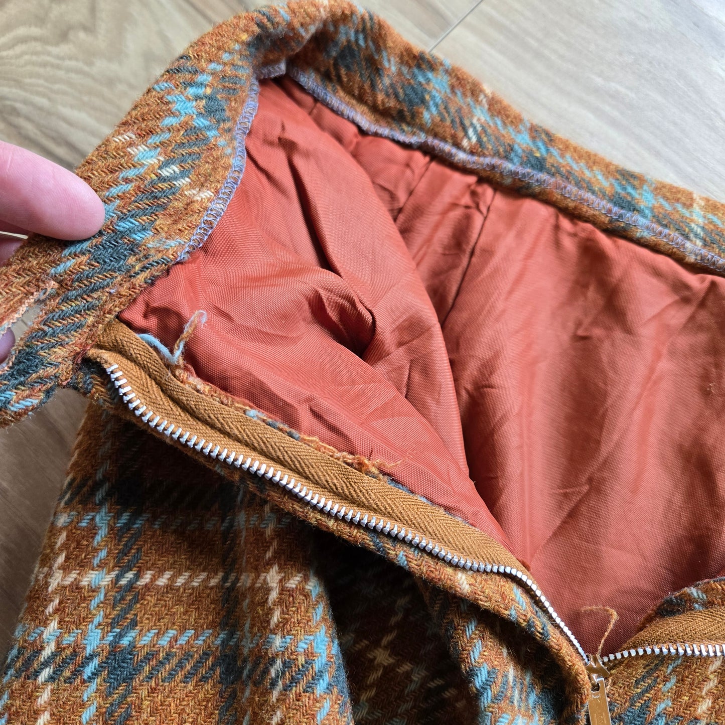 Vintage 1950s Handmade Burnt Orange and Teal Wool Mini Skirt - 27" waist