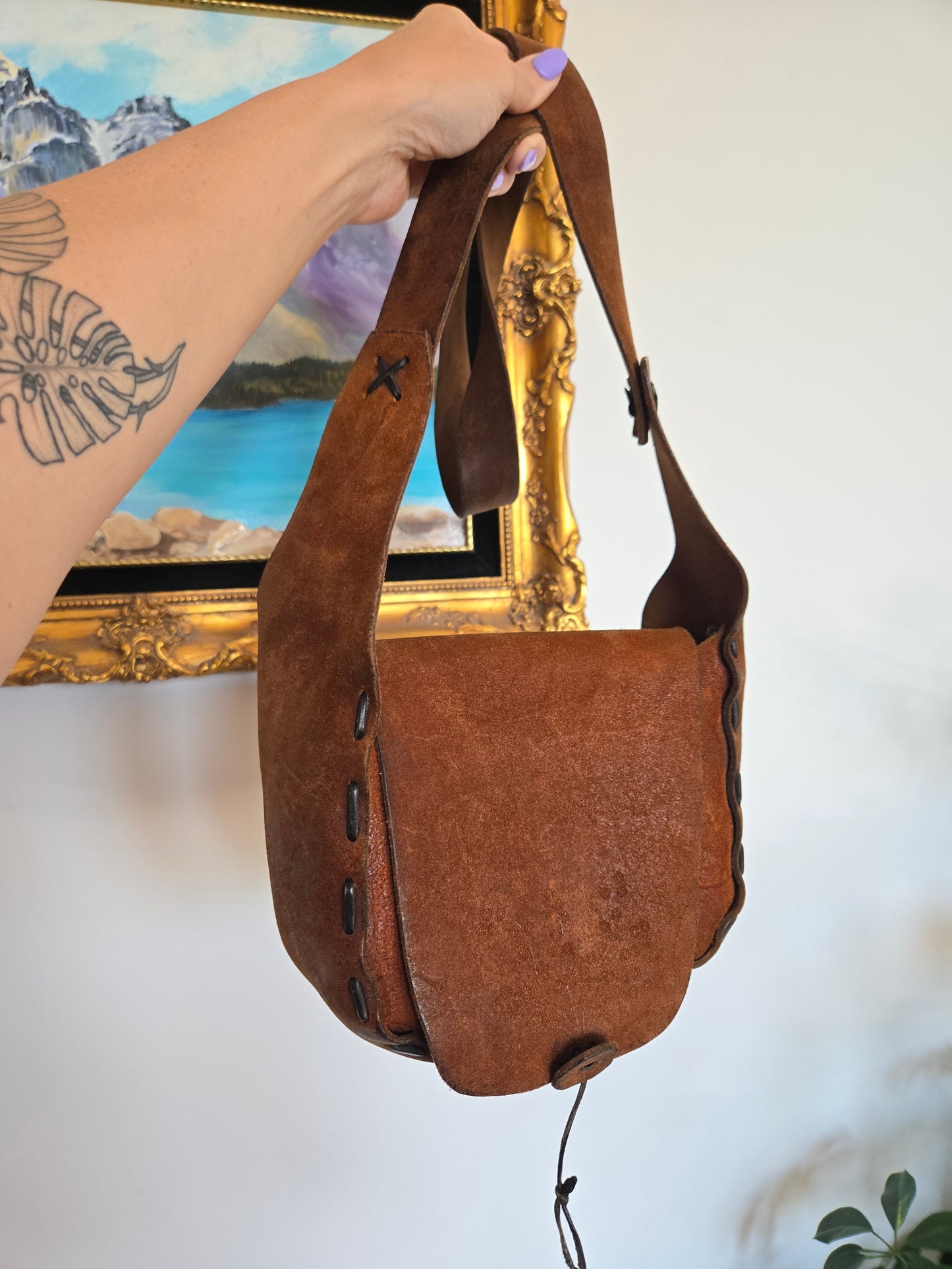 Vintage Hand Made Thick Suede Saddle Leather Bag