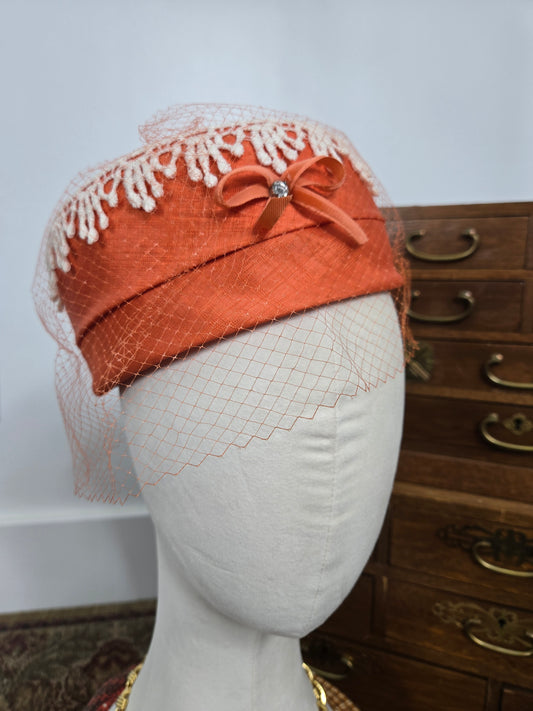 1950s Vintage Peachy Orange Pillbox Hat