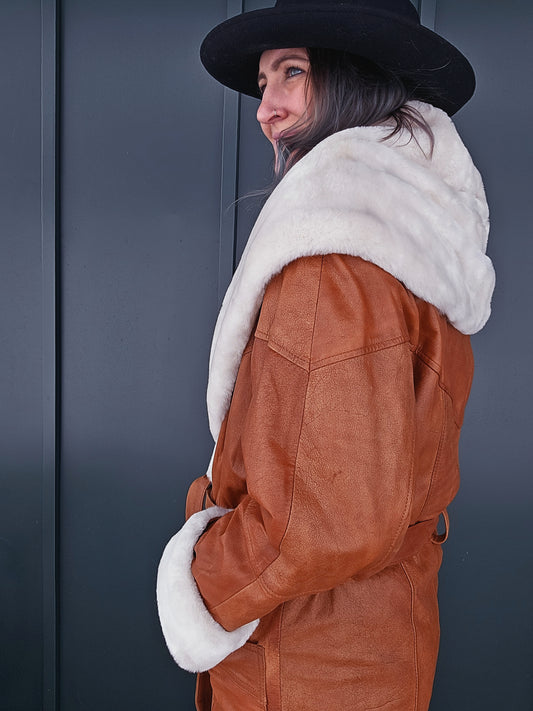 Wilsons Vintage Cognac Leather Jacket with Ivory Faux Fur - medium