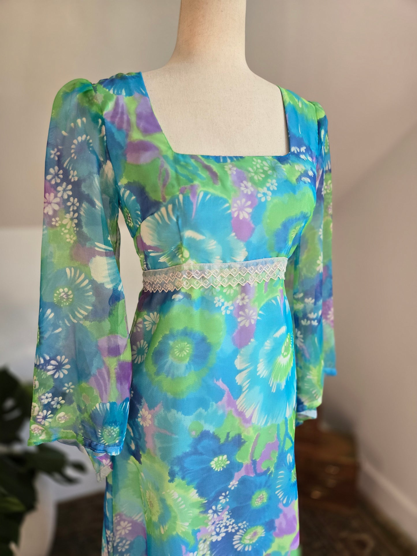 Vintage 70s Blue and Purple Psychedelic Floral Print Maxi Dress -