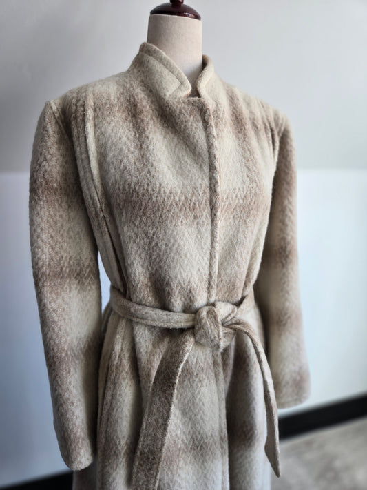 Vintage 1950s Plaid Wool Over Coat with Waist Tie - M/L
