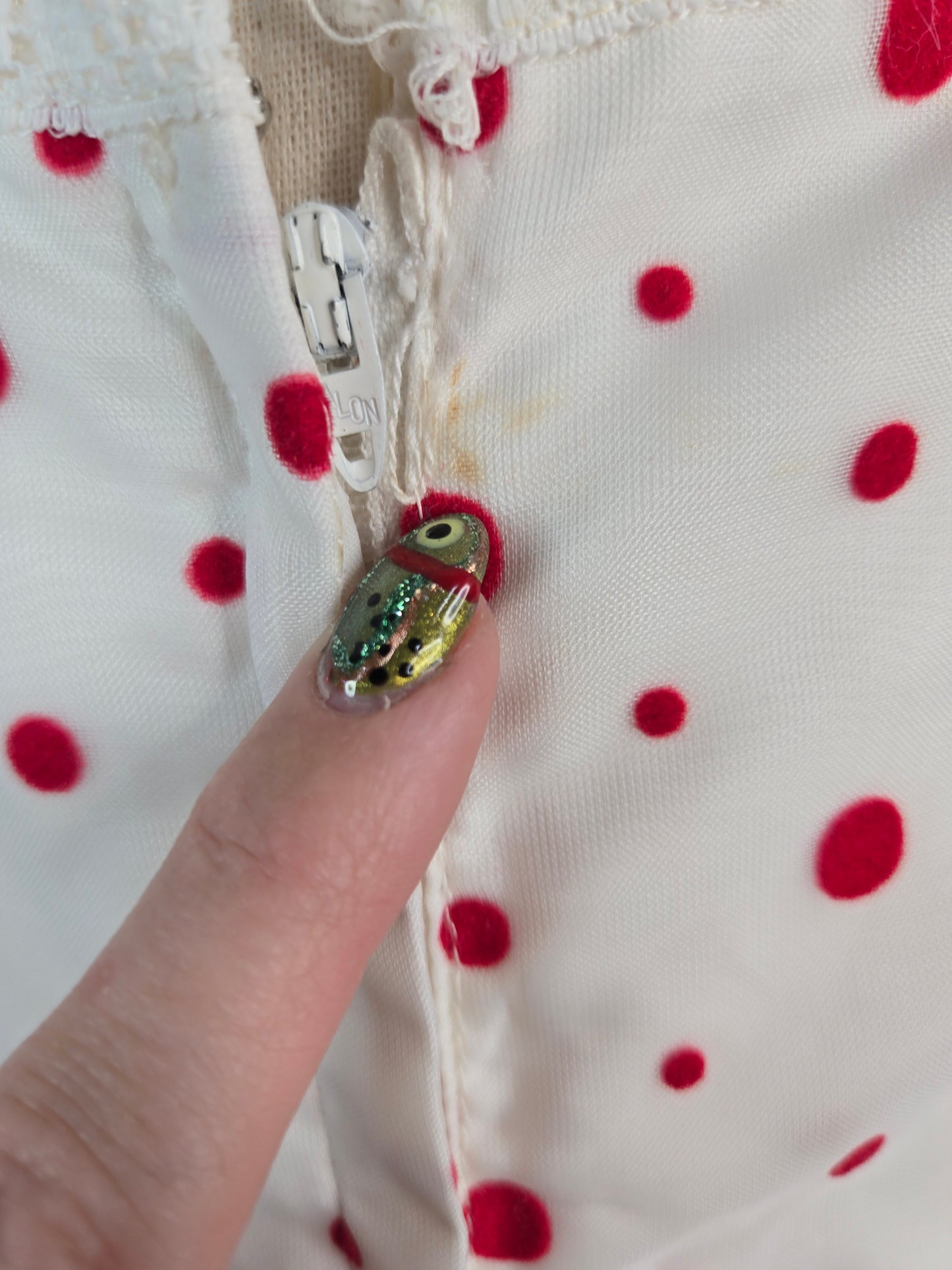 Nadine 1970s Formal/Party Dress with Red Velvet Polka Dots - Small