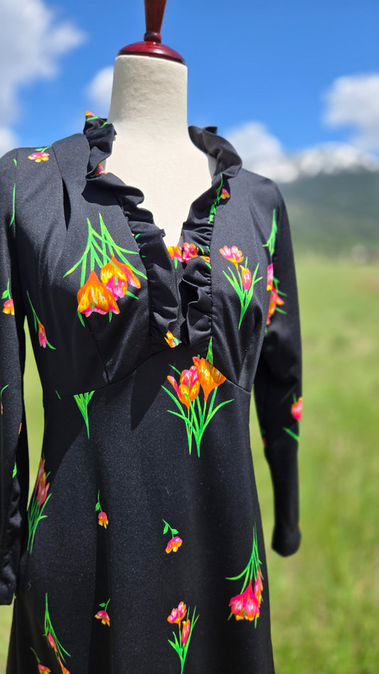 Vintage 70s Black Floral Short Dress - large