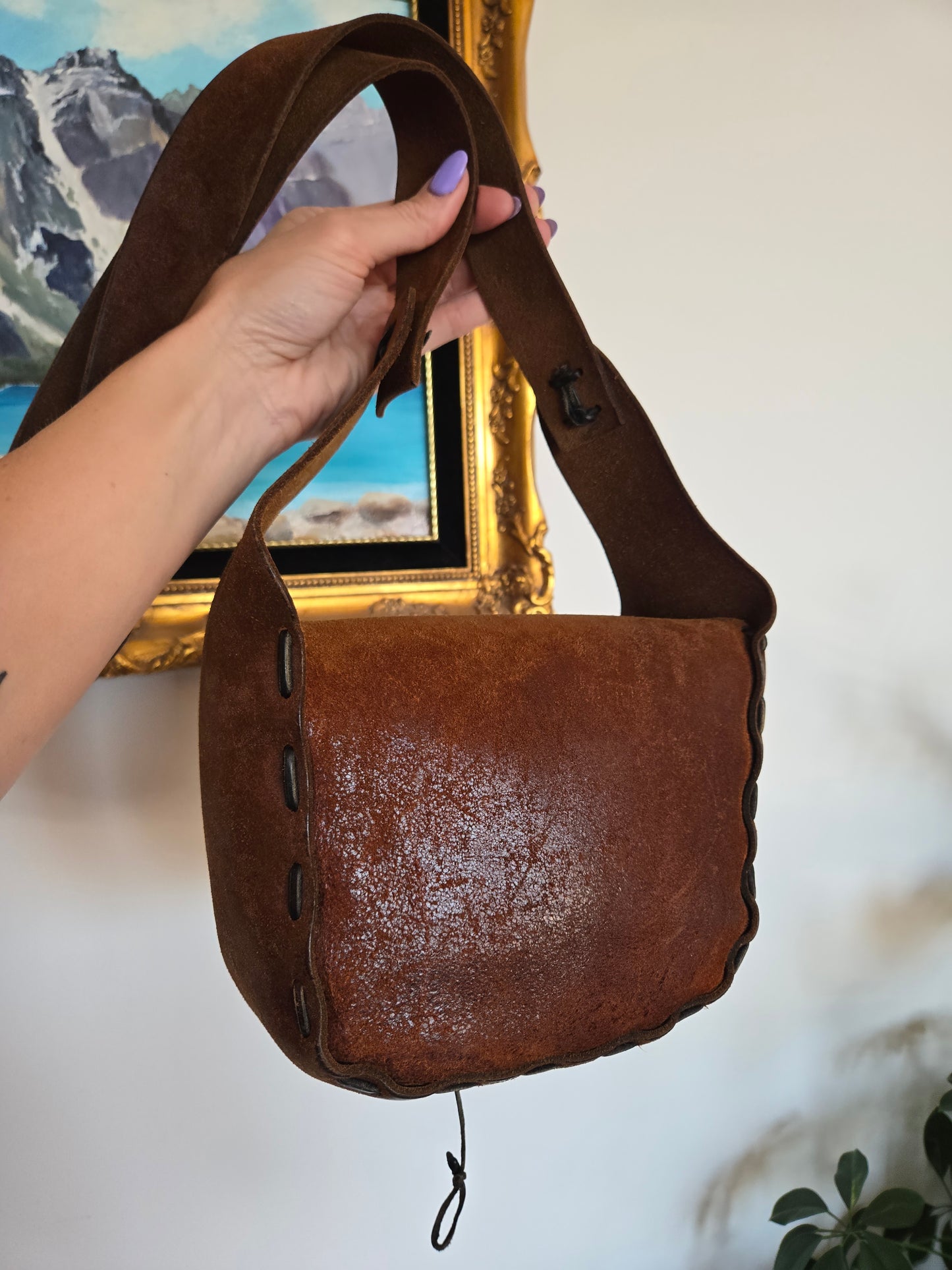 Vintage Hand Made Thick Suede Saddle Leather Bag
