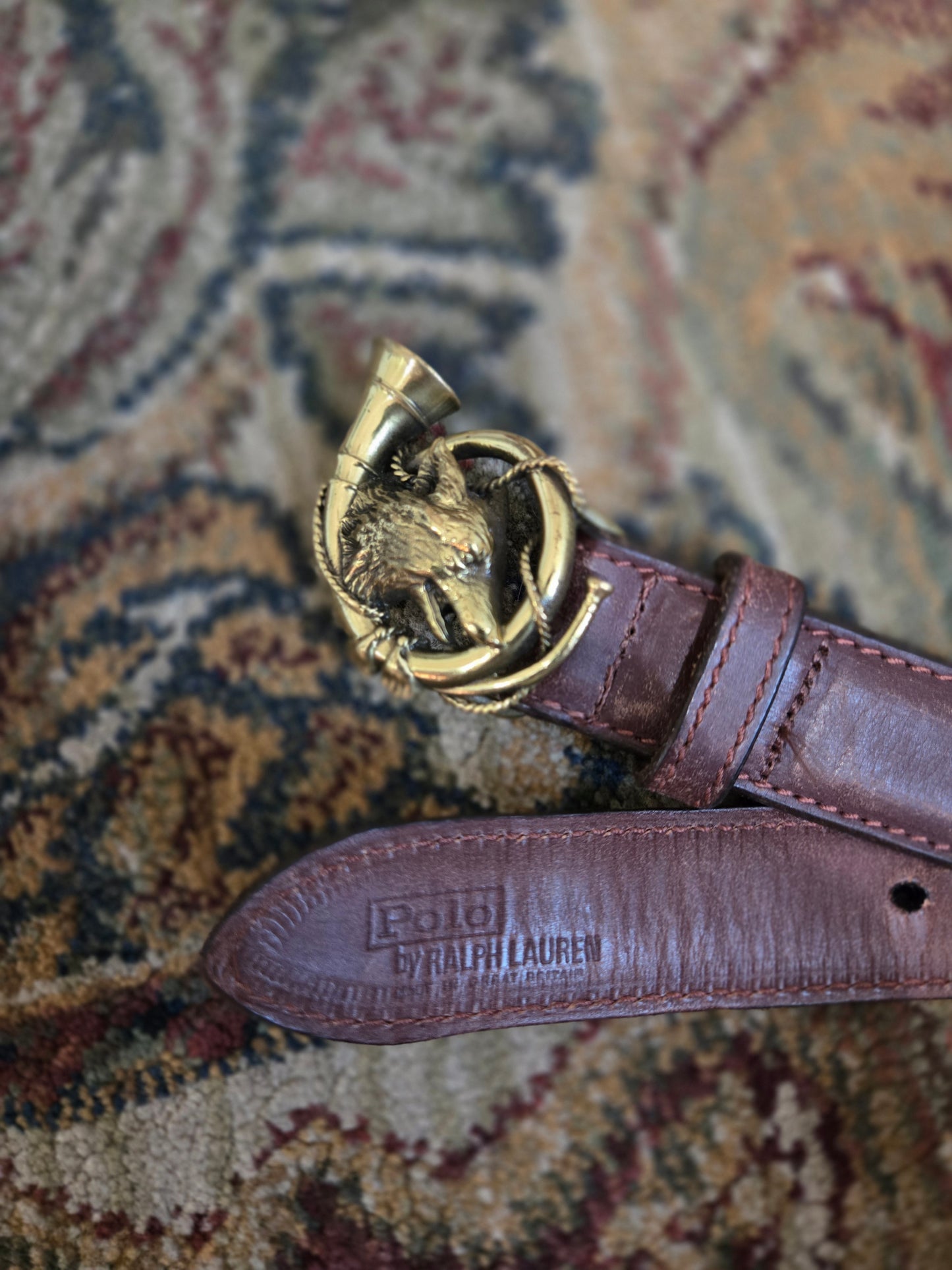 Vintage Polo Ralph Lauren Leather Belt with Fox and Horn Brass Buckle - W26-30"