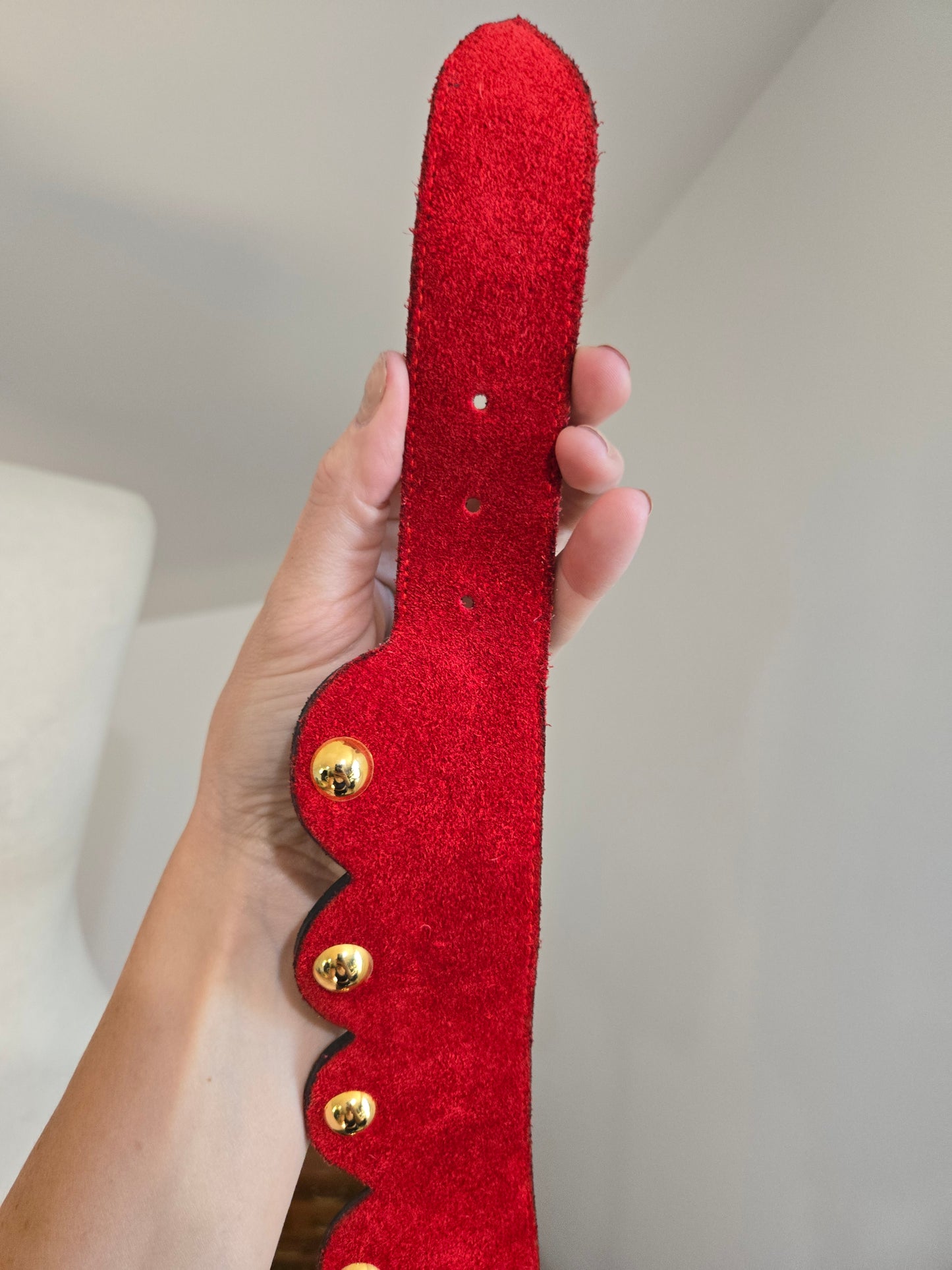Vintage Genuine Red Suede Leather Belt with Gold Studs - W30-32"