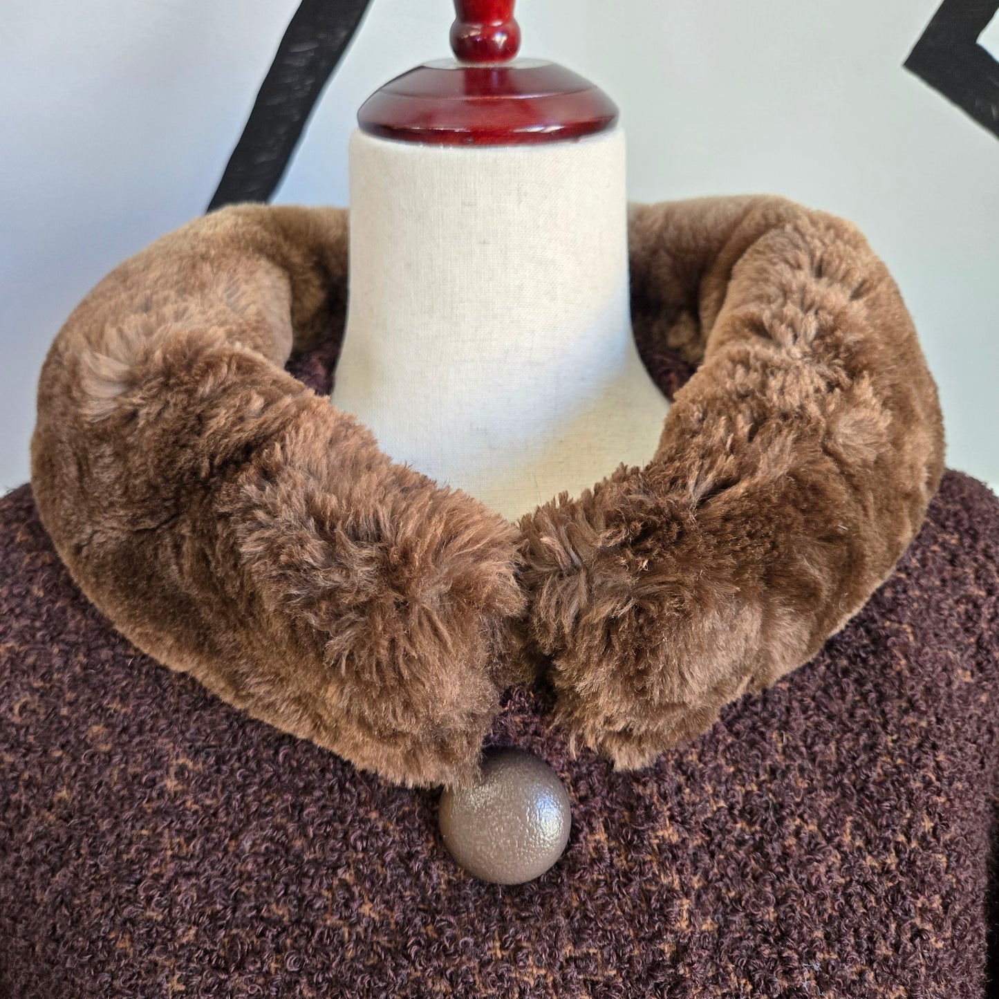 Vintage 1950s Union Made Curly Wool Peacoat with Brown Fur Collar - Large